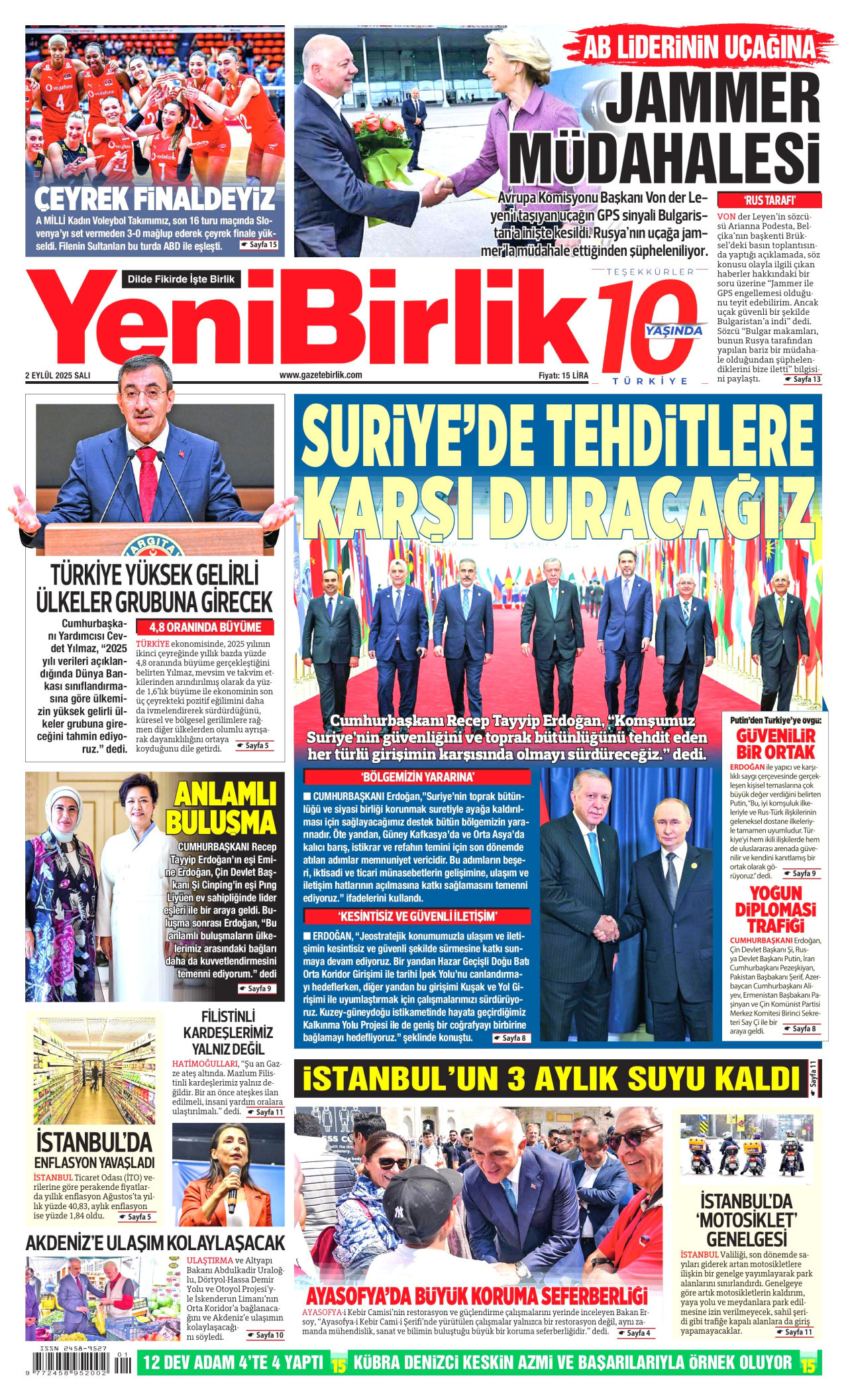 YENİBİRLİK gazetesinin 2 Eylül 2025 tarihli birinci sayfası