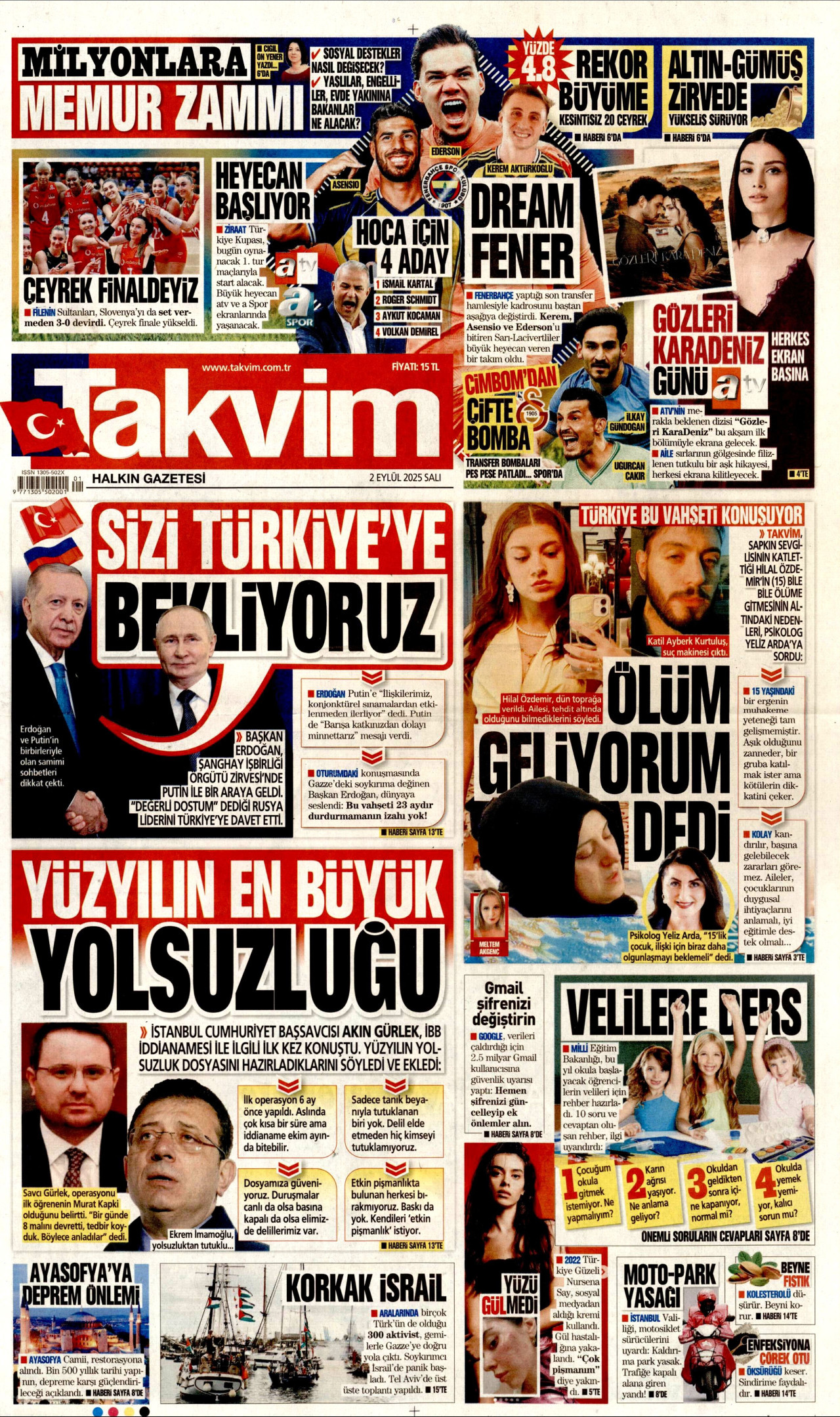 TAKVİM gazetesinin 2 Eylül 2025 tarihli birinci sayfası