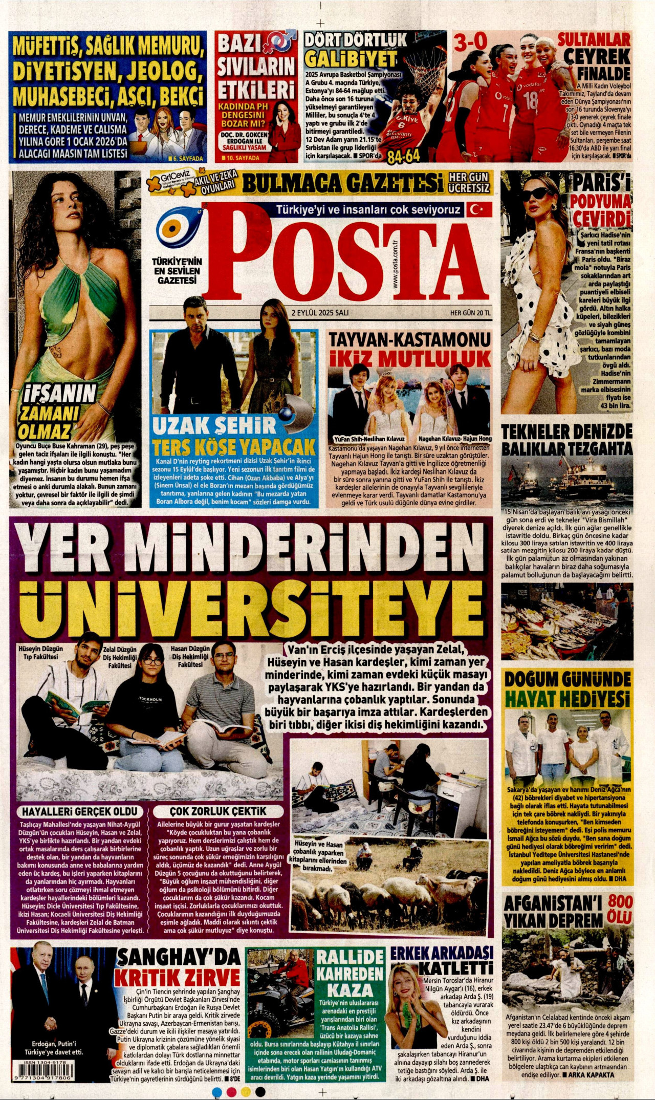 POSTA gazetesinin 2 Eylül 2025 tarihli birinci sayfası