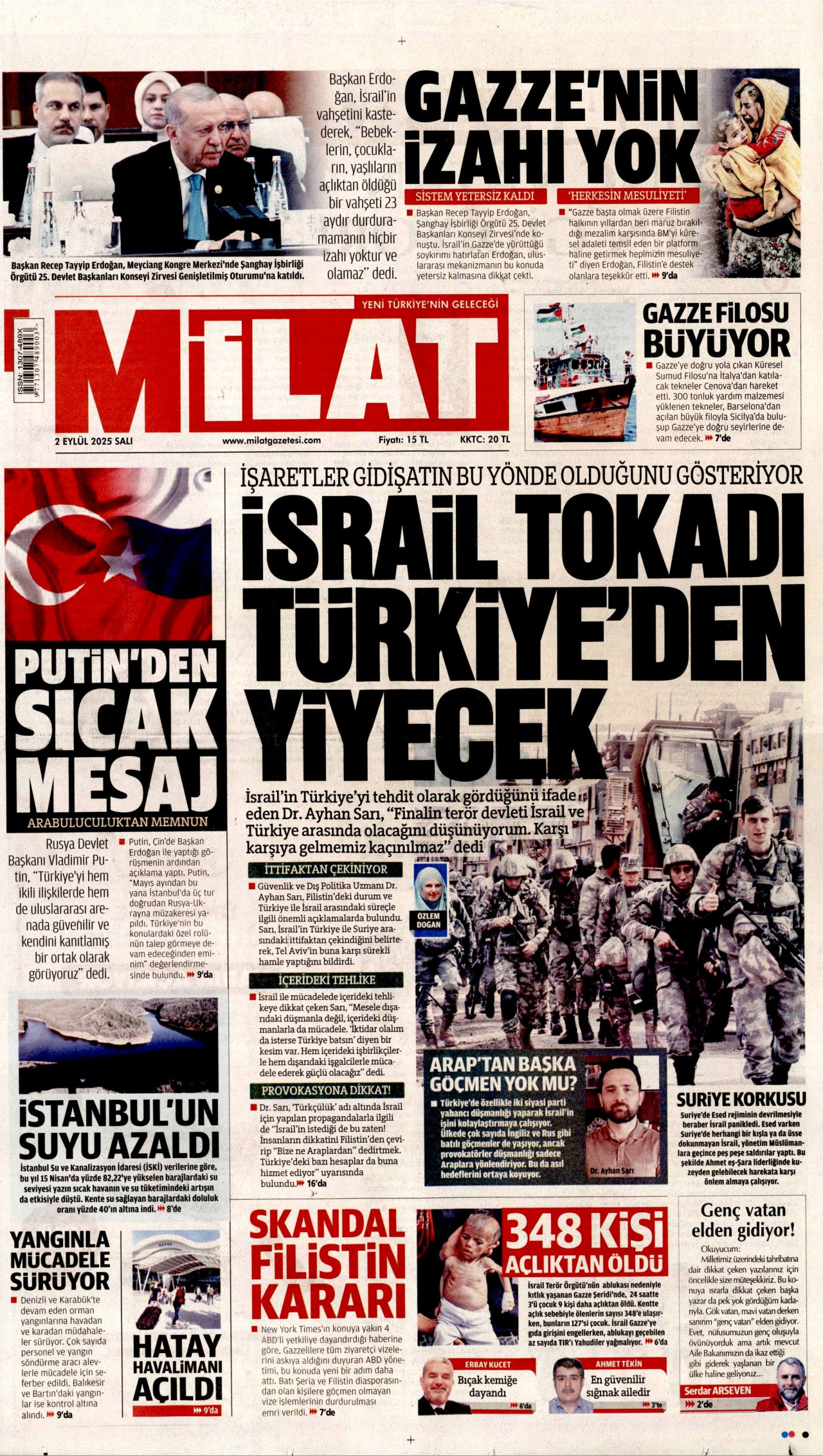 MİLAT gazetesinin 2 Eylül 2025 tarihli birinci sayfası