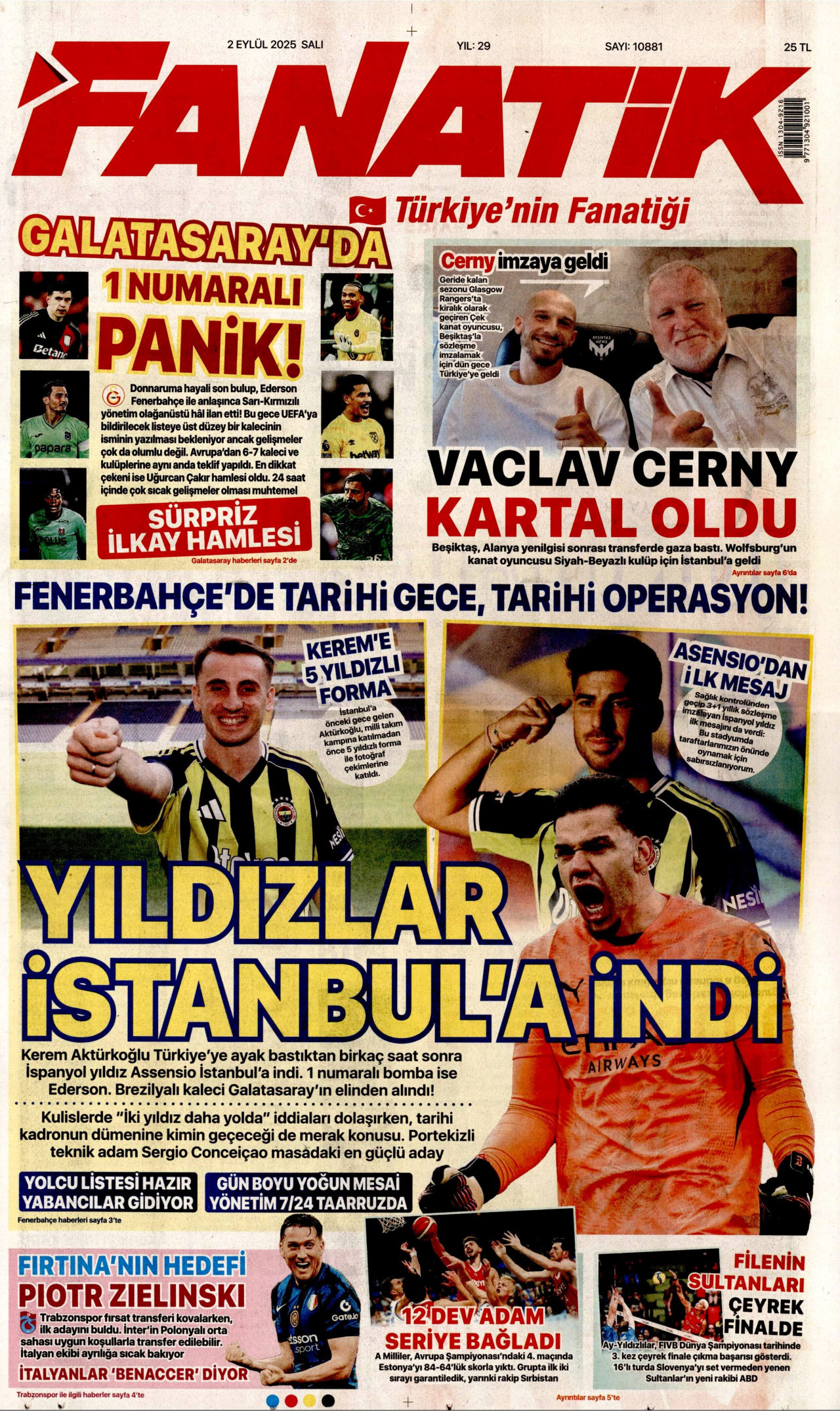 FANATİK gazetesinin 2 Eylül 2025 tarihli birinci sayfası