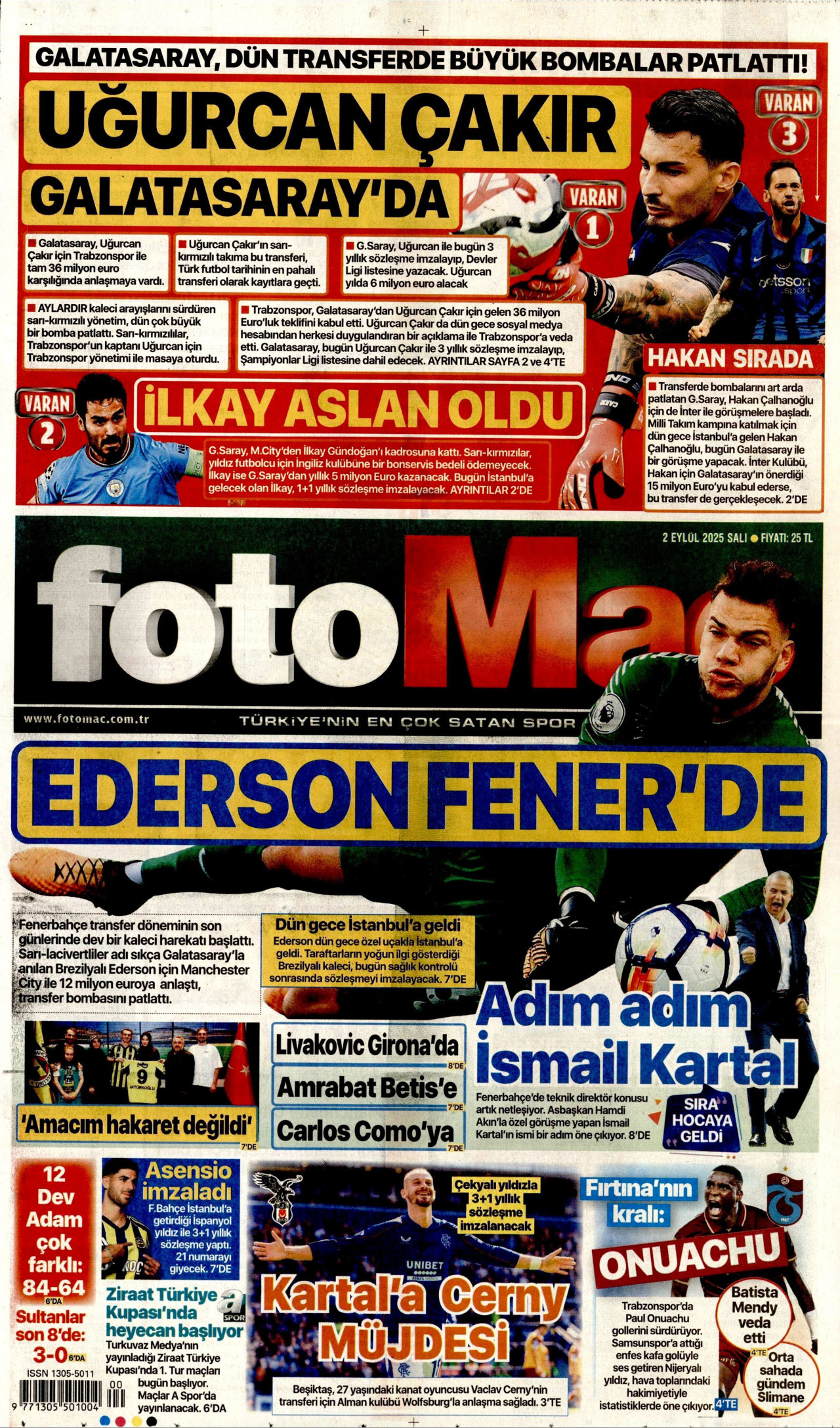 FOTOMAÇ gazetesinin 2 Eylül 2025 tarihli birinci sayfası