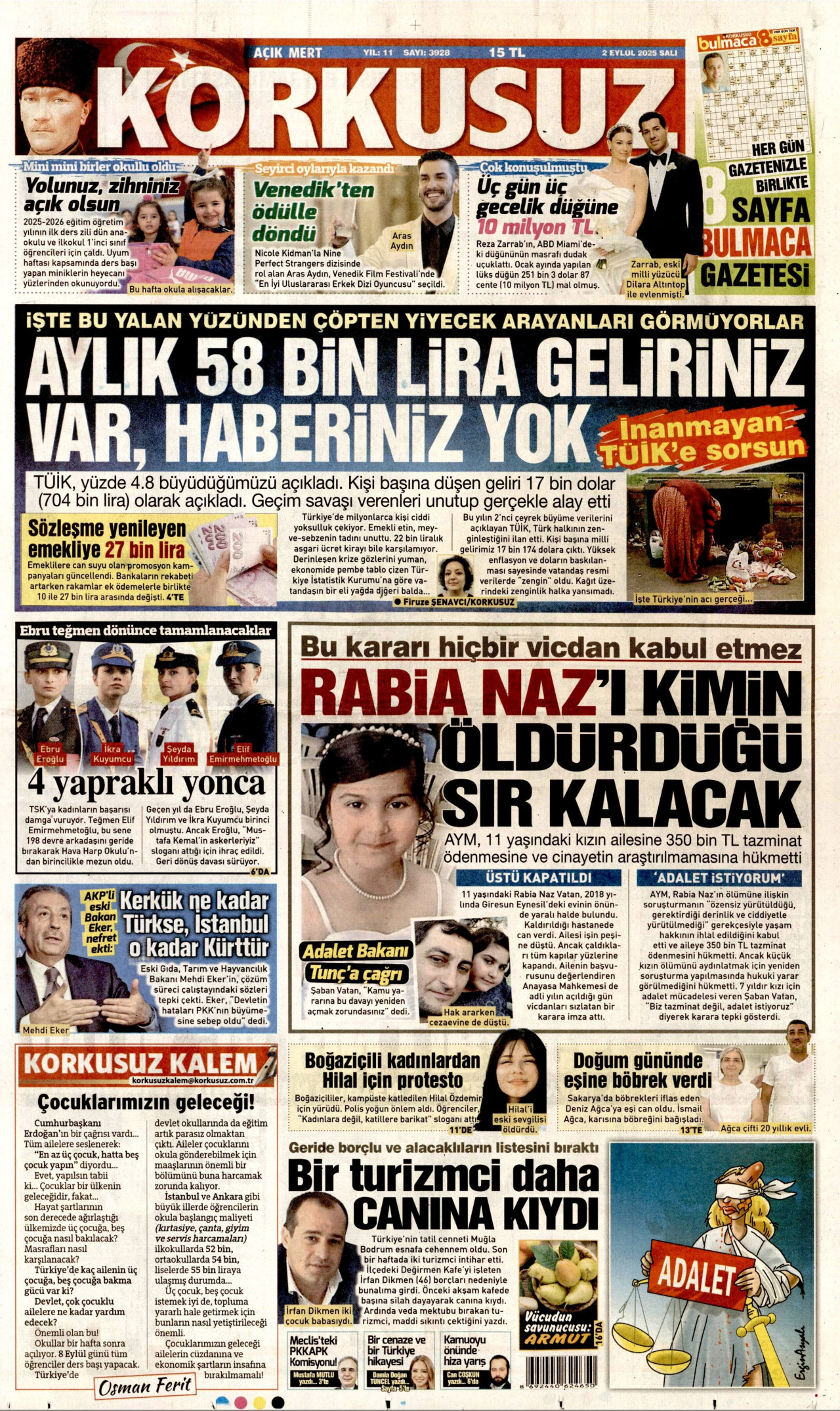 KORKUSUZ gazetesinin 2 Eylül 2025 tarihli birinci sayfası