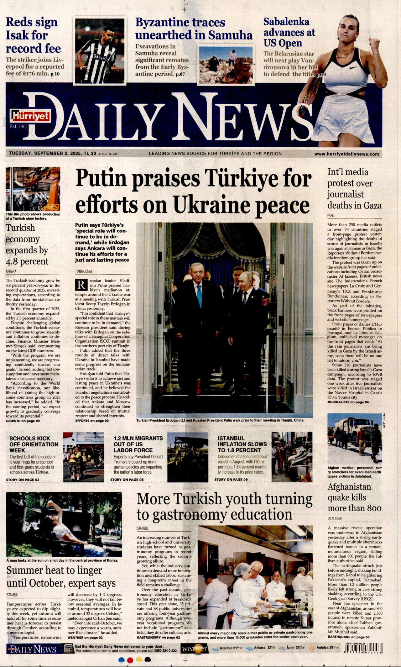HÜRRİYET DAİLY NEWS gazetesinin 2 Eylül 2025 tarihli birinci sayfası