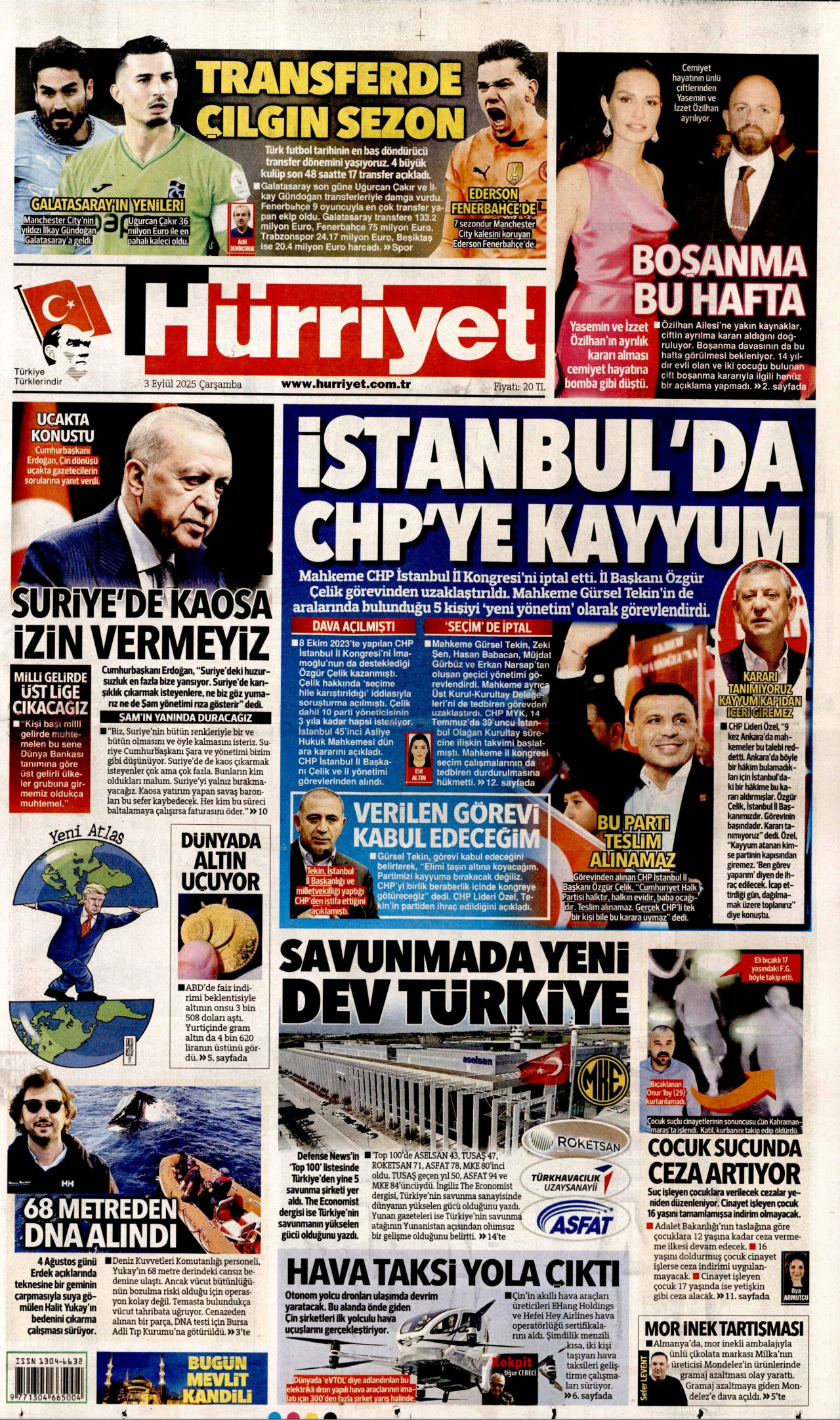 HÜRRİYET gazetesinin 3 Eylül 2025 tarihli birinci sayfası