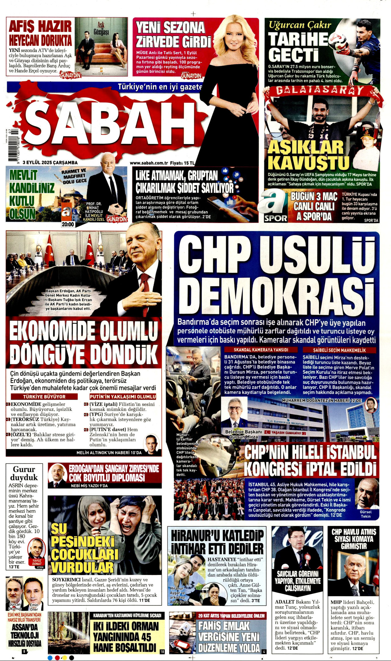 SABAH gazetesinin 3 Eylül 2025 tarihli birinci sayfası
