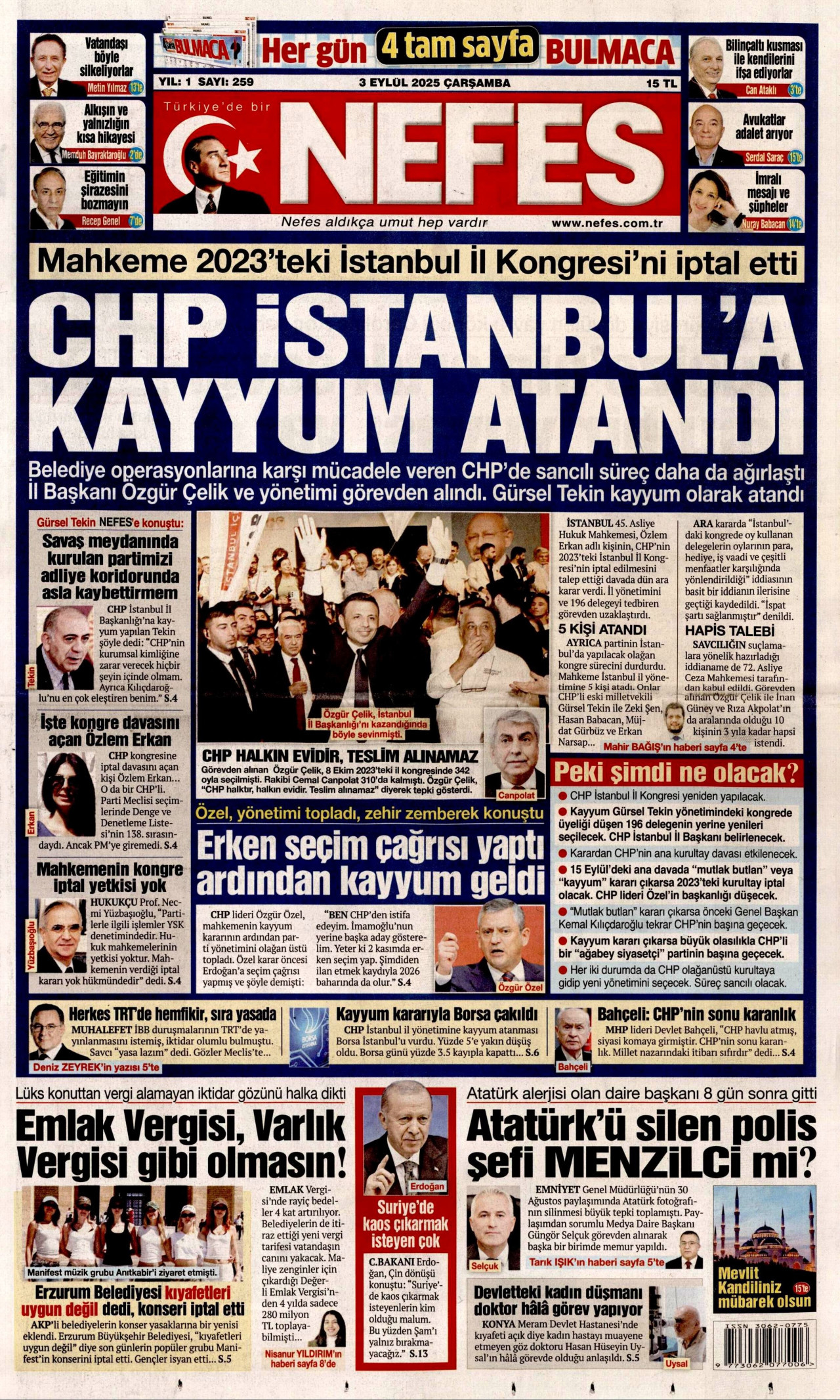 NEFES gazetesinin 3 Eylül 2025 tarihli birinci sayfası