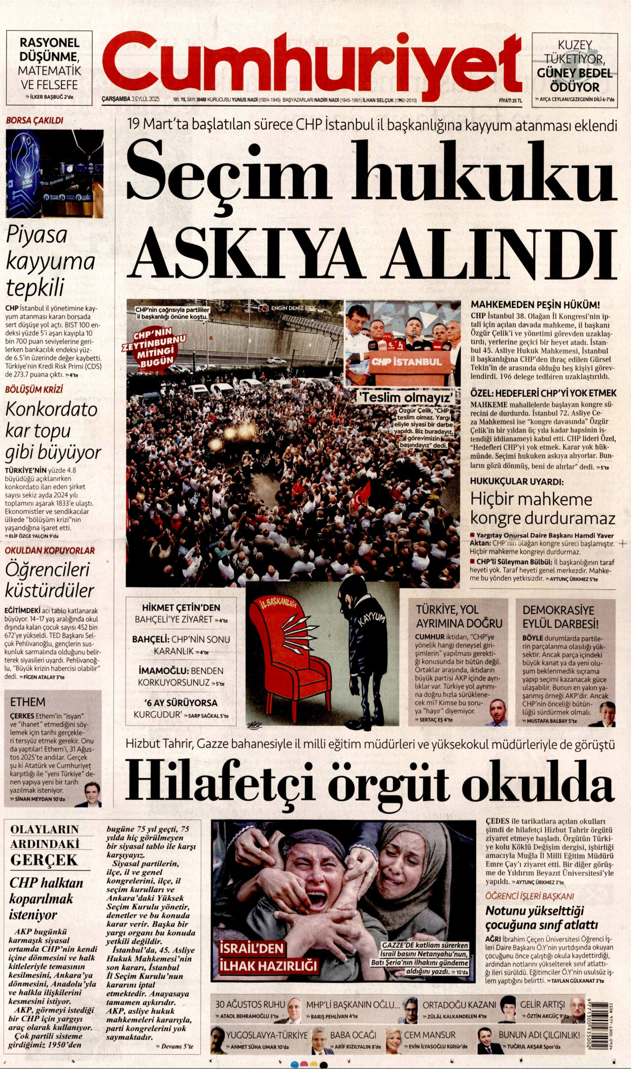 CUMHURİYET gazetesinin 3 Eylül 2025 tarihli birinci sayfası