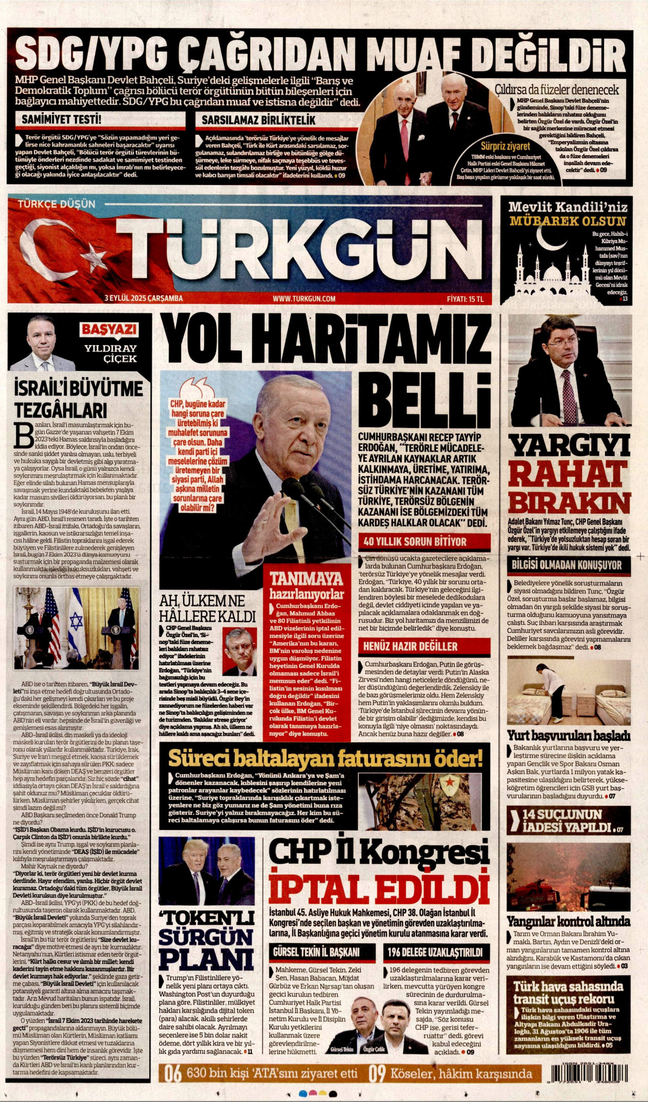 TÜRKGÜN gazetesinin 3 Eylül 2025 tarihli birinci sayfası
