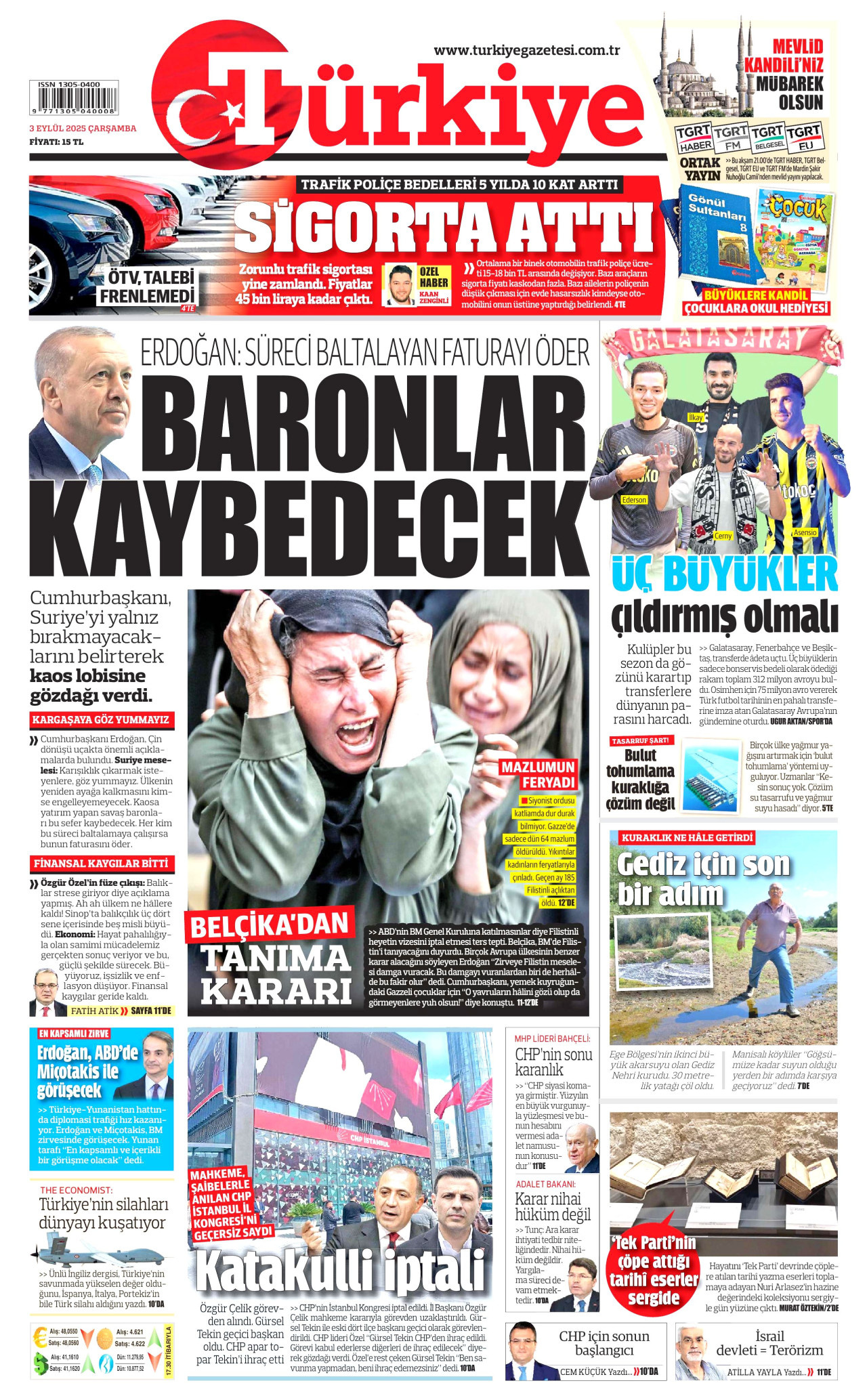 TÜRKİYE GAZETESİ gazetesinin 3 Eylül 2025 tarihli birinci sayfası