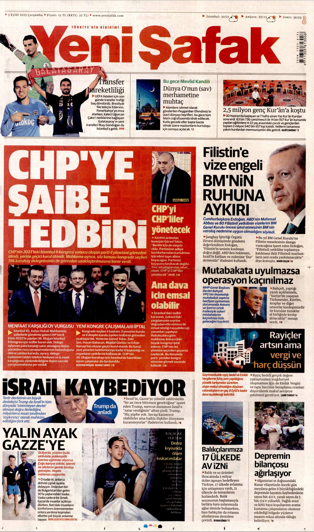 YENİ ŞAFAK gazetesinin 3 Eylül 2025 tarihli birinci sayfası