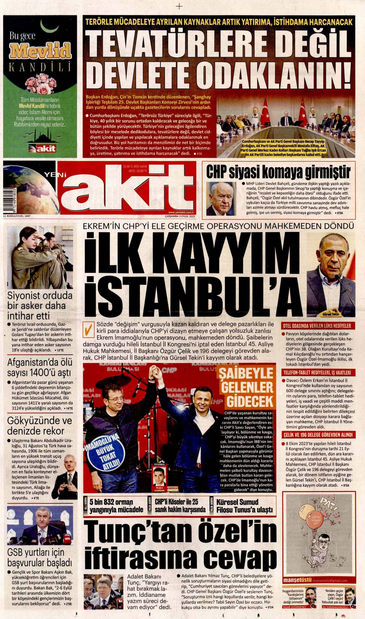YENİ AKİT gazetesinin 3 Eylül 2025 tarihli birinci sayfası