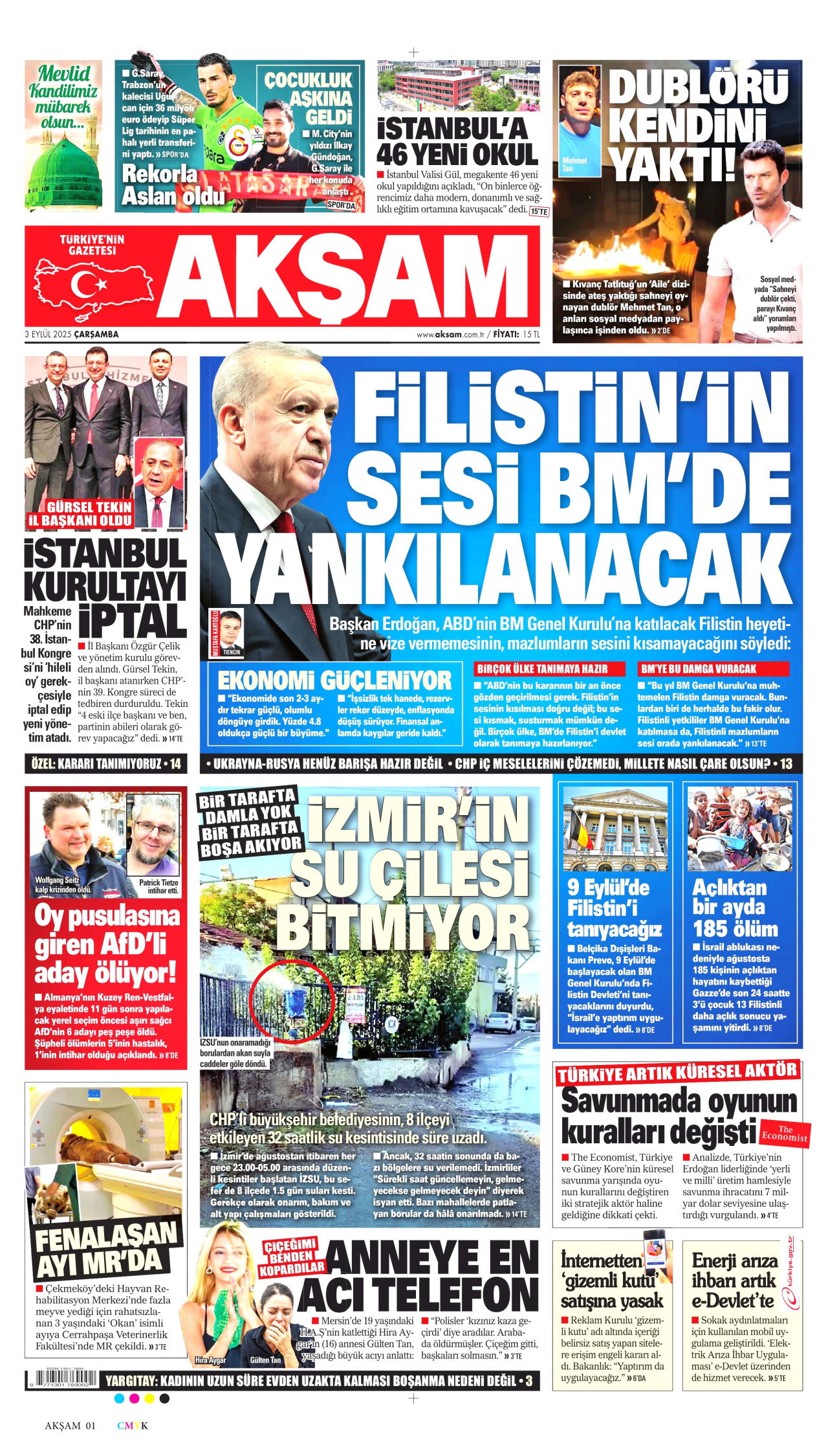 AKŞAM gazetesinin 3 Eylül 2025 tarihli birinci sayfası