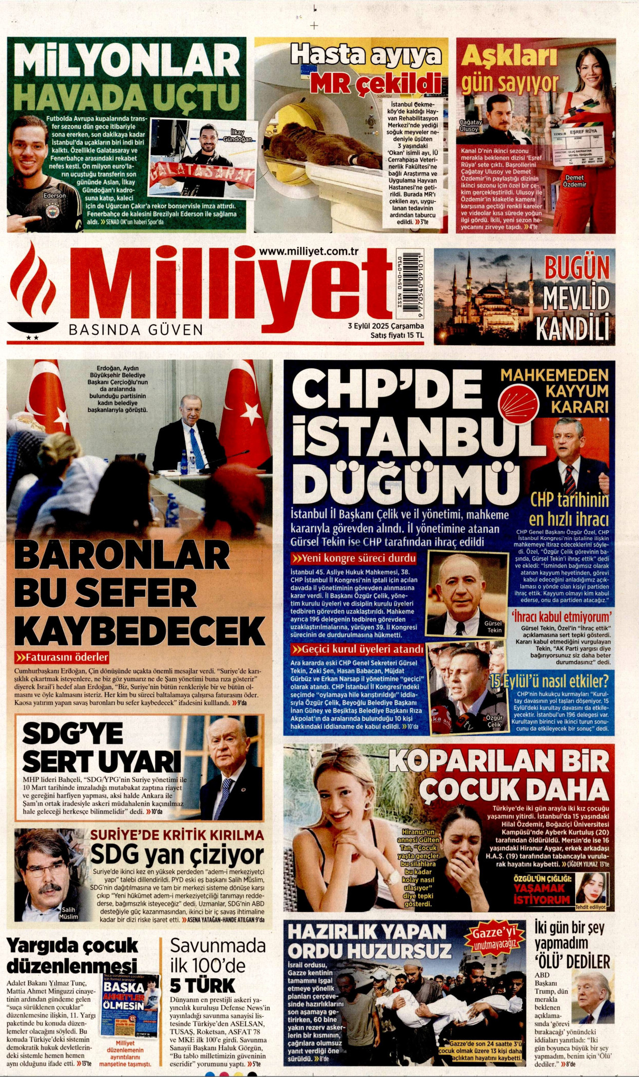 MİLLİYET gazetesinin 3 Eylül 2025 tarihli birinci sayfası