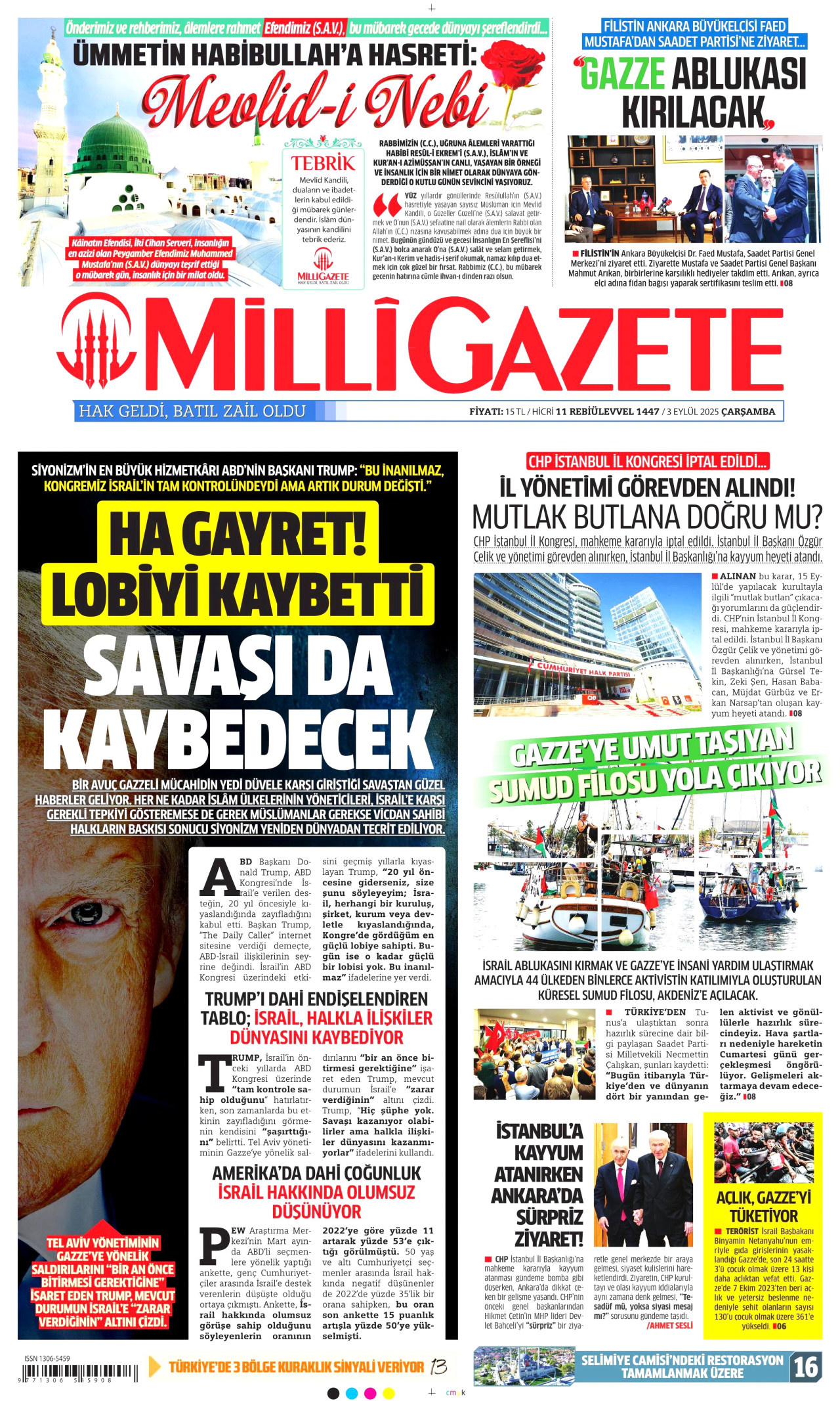 MİLLİ GAZETE gazetesinin 3 Eylül 2025 tarihli birinci sayfası
