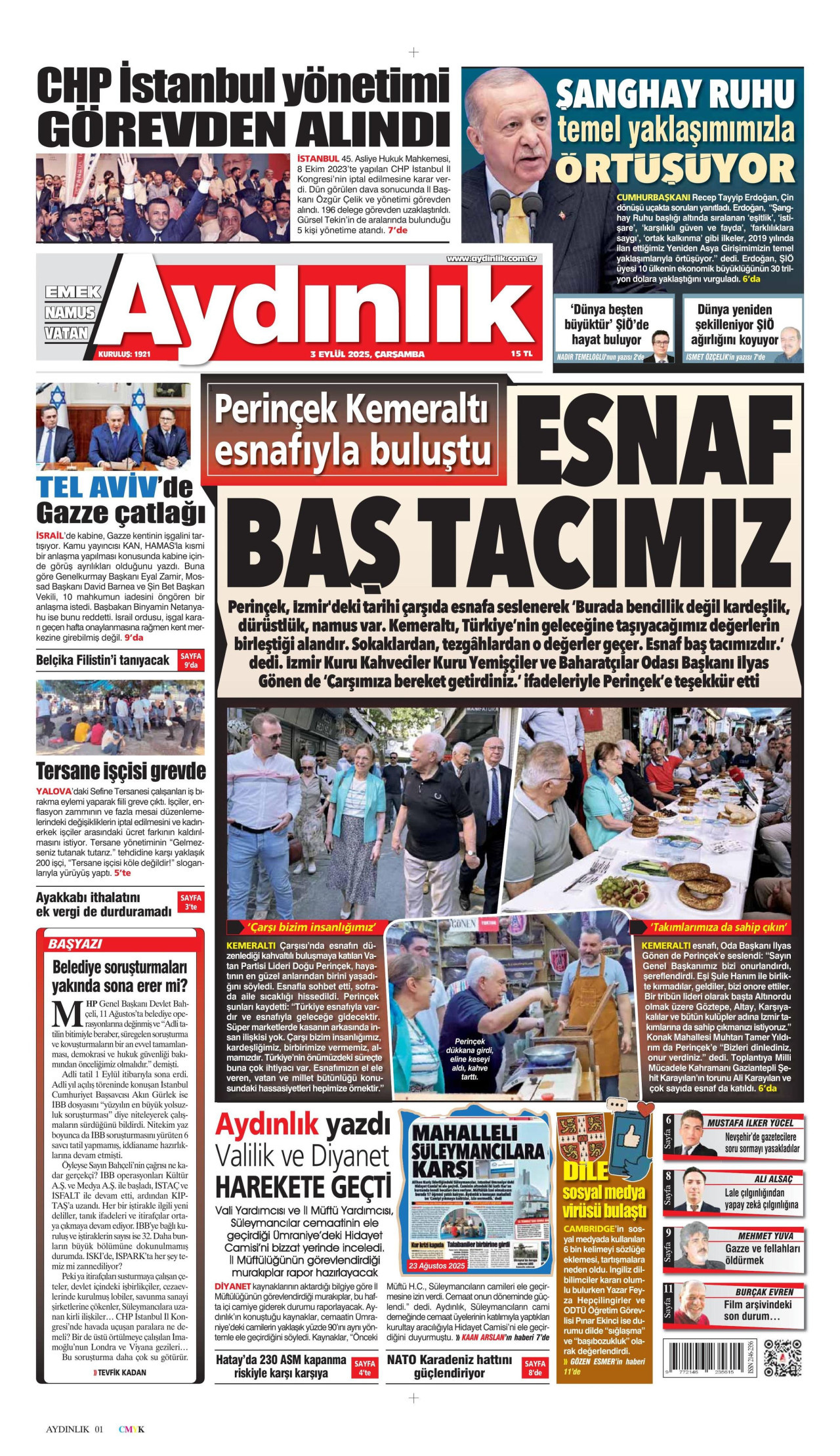 AYDINLIK GAZETESİ gazetesinin 3 Eylül 2025 tarihli birinci sayfası