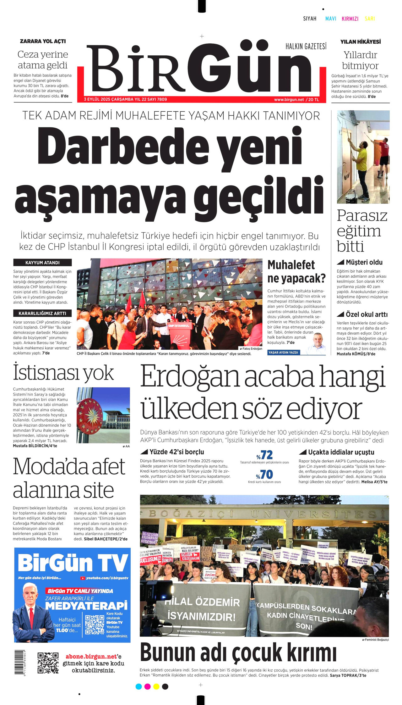 BİRGÜN gazetesinin 3 Eylül 2025 tarihli birinci sayfası
