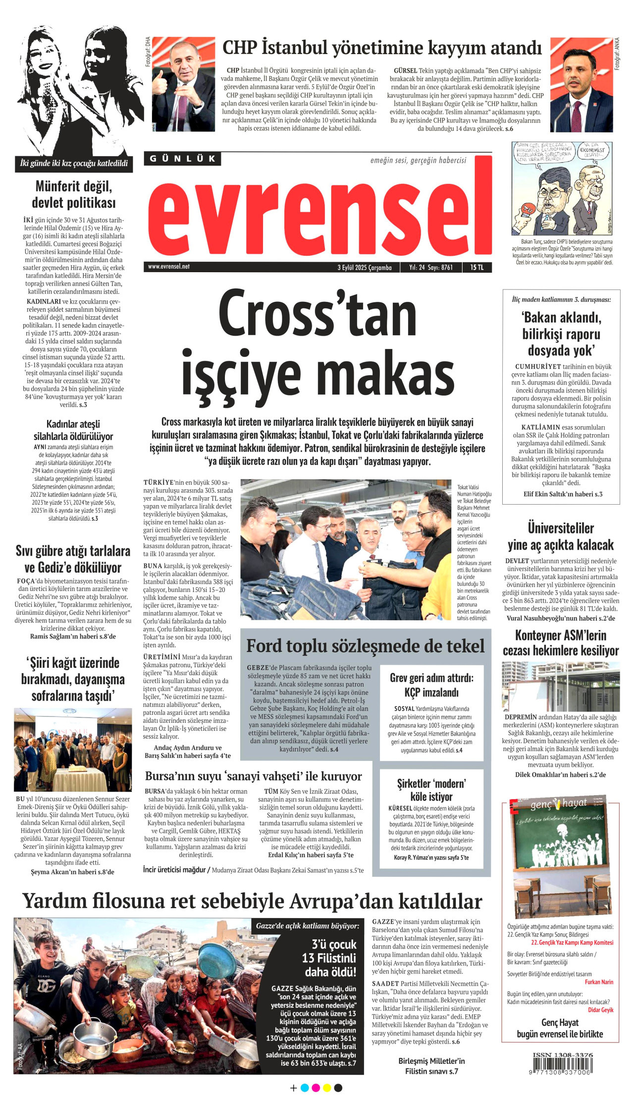 EVRENSEL gazetesinin 3 Eylül 2025 tarihli birinci sayfası