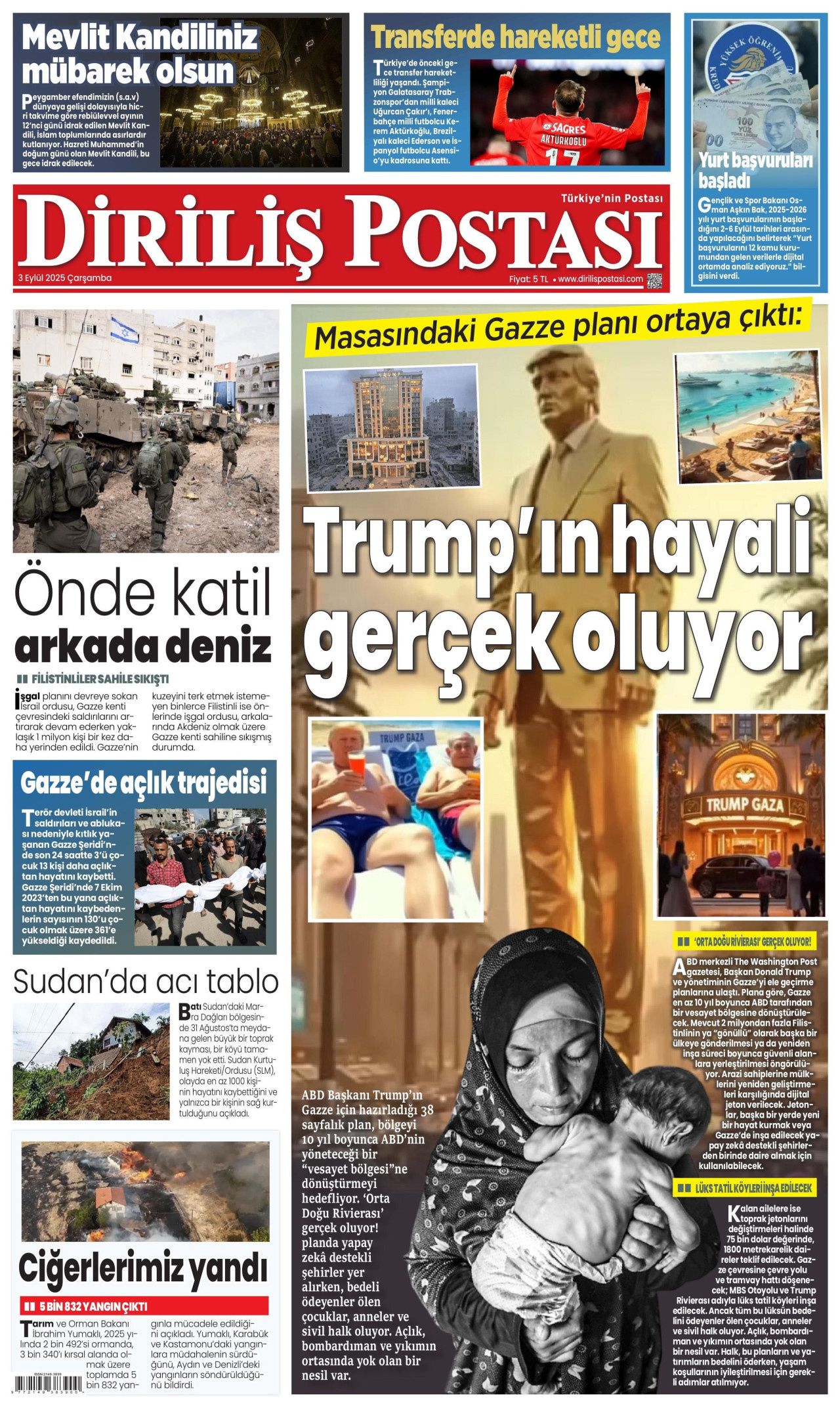 DİRİLİŞ POSTASI gazetesinin 3 Eylül 2025 tarihli birinci sayfası