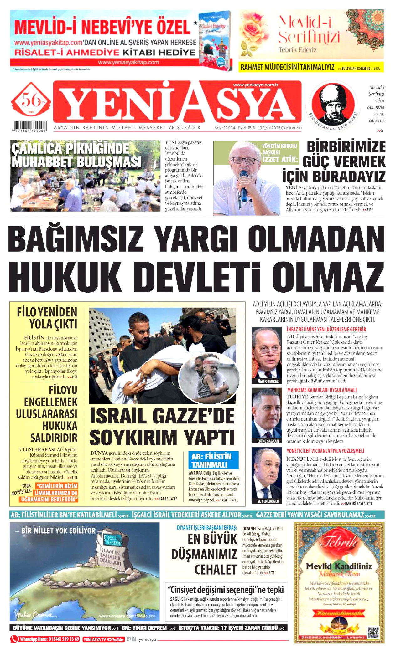 YENİ ASYA gazetesinin 3 Eylül 2025 tarihli birinci sayfası