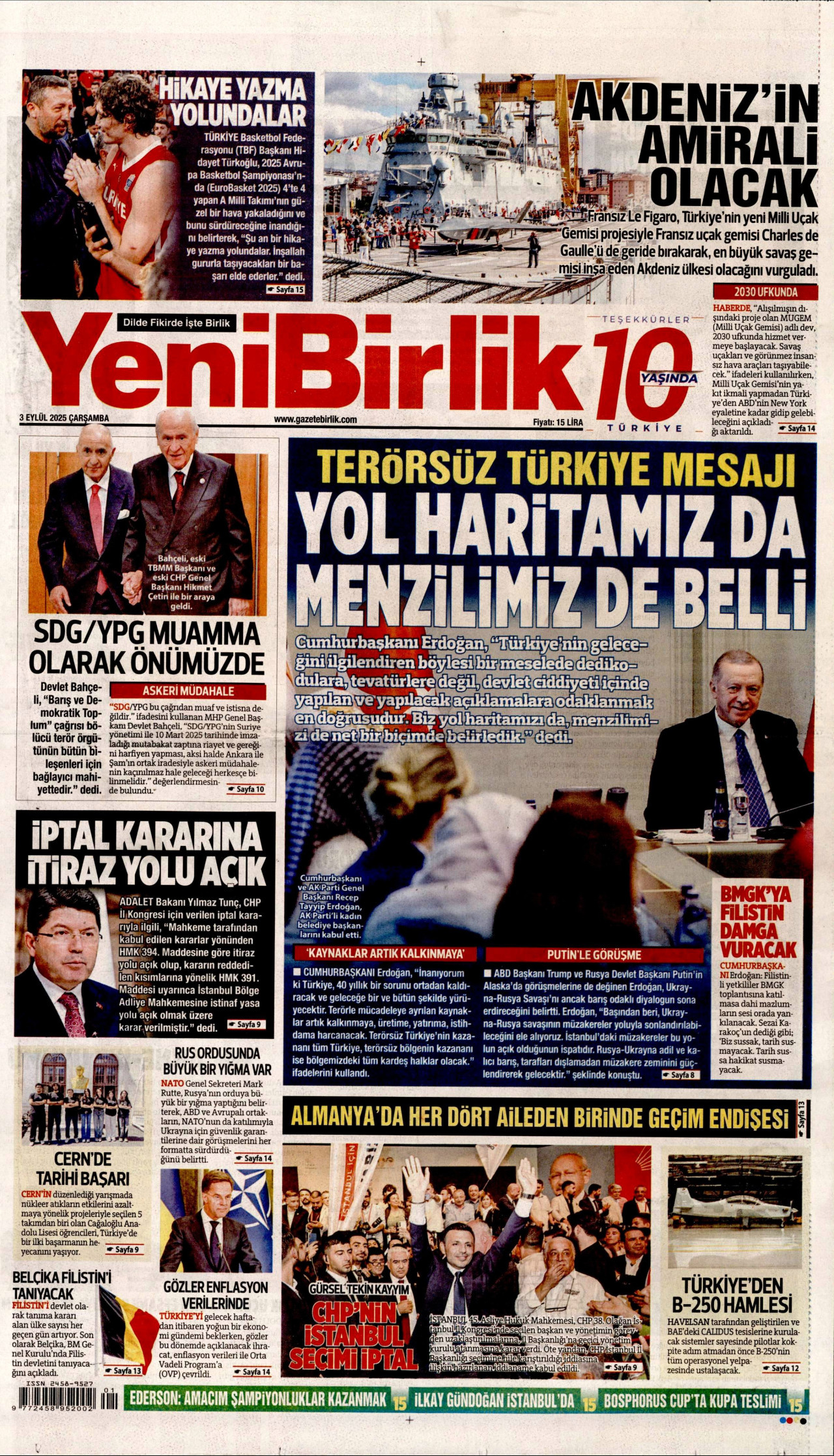 YENİBİRLİK gazetesinin 3 Eylül 2025 tarihli birinci sayfası