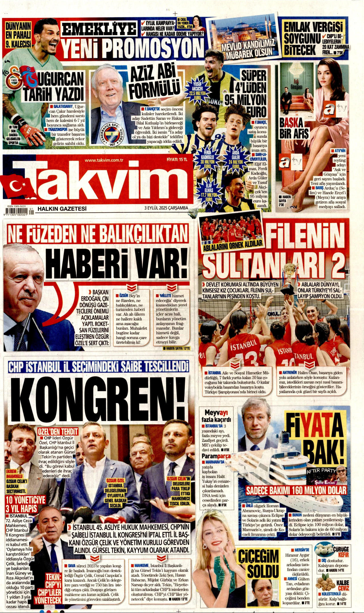 TAKVİM gazetesinin 3 Eylül 2025 tarihli birinci sayfası