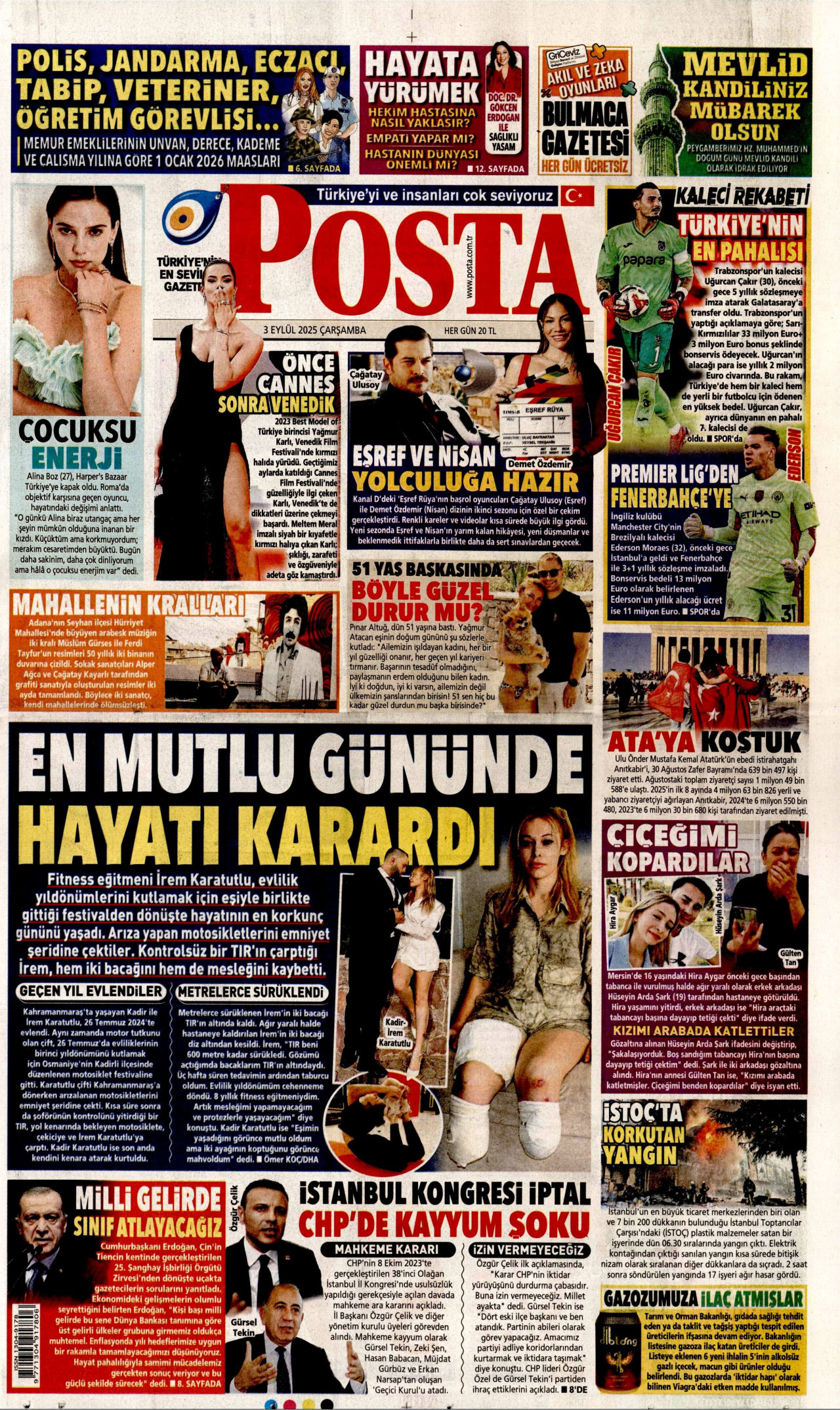 POSTA gazetesinin 3 Eylül 2025 tarihli birinci sayfası