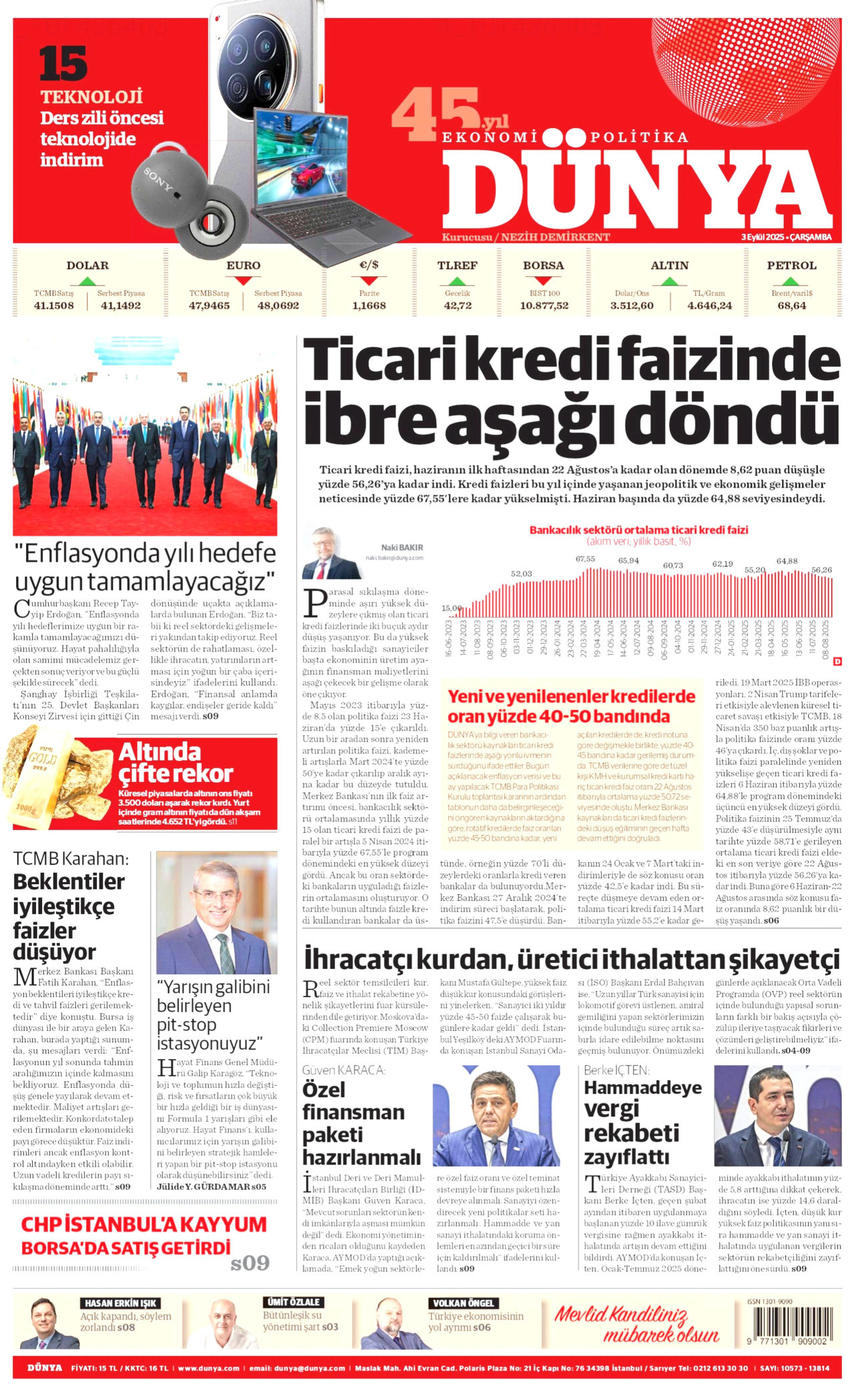 DÜNYA gazetesinin 3 Eylül 2025 tarihli birinci sayfası