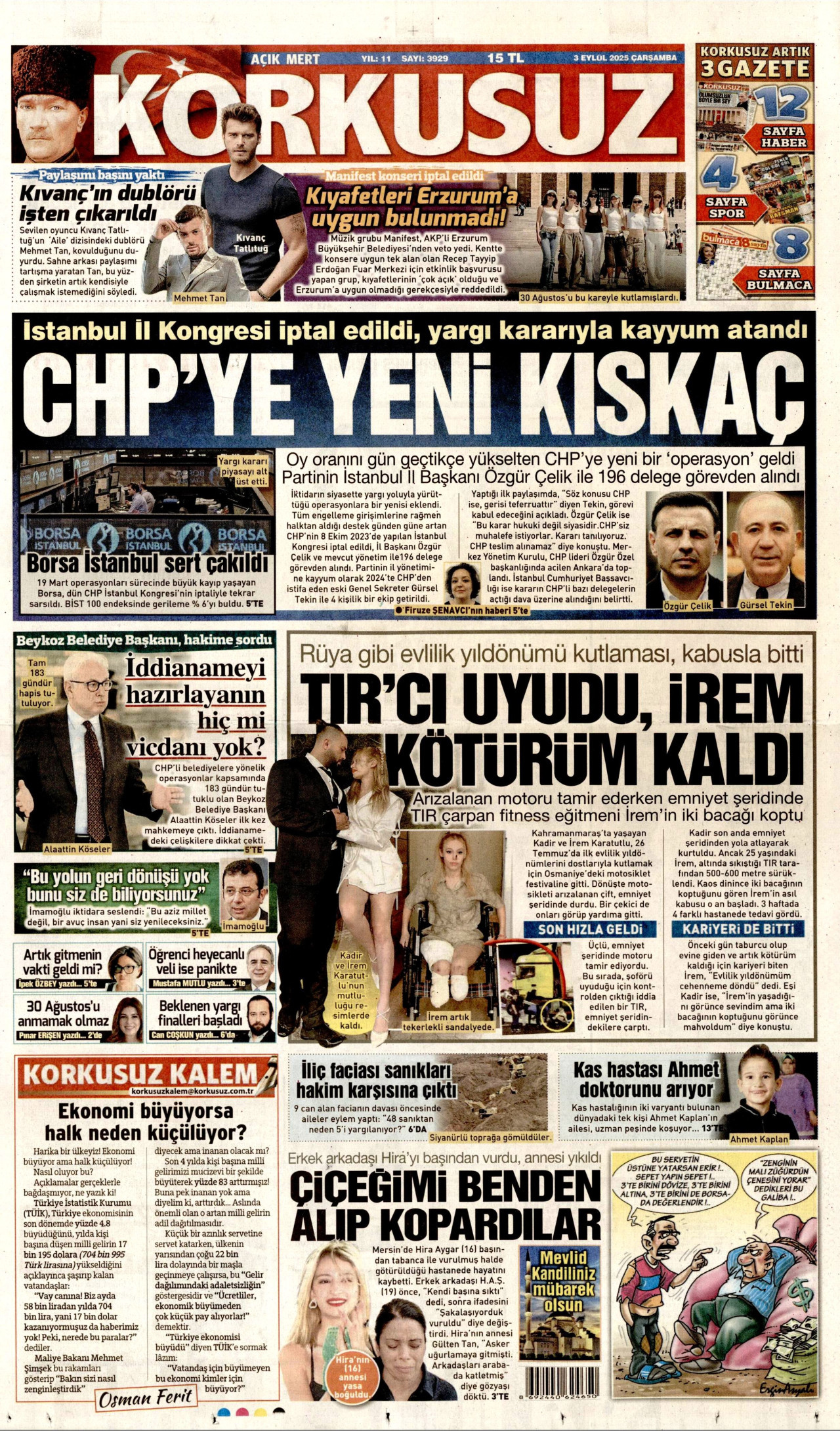 KORKUSUZ gazetesinin 3 Eylül 2025 tarihli birinci sayfası