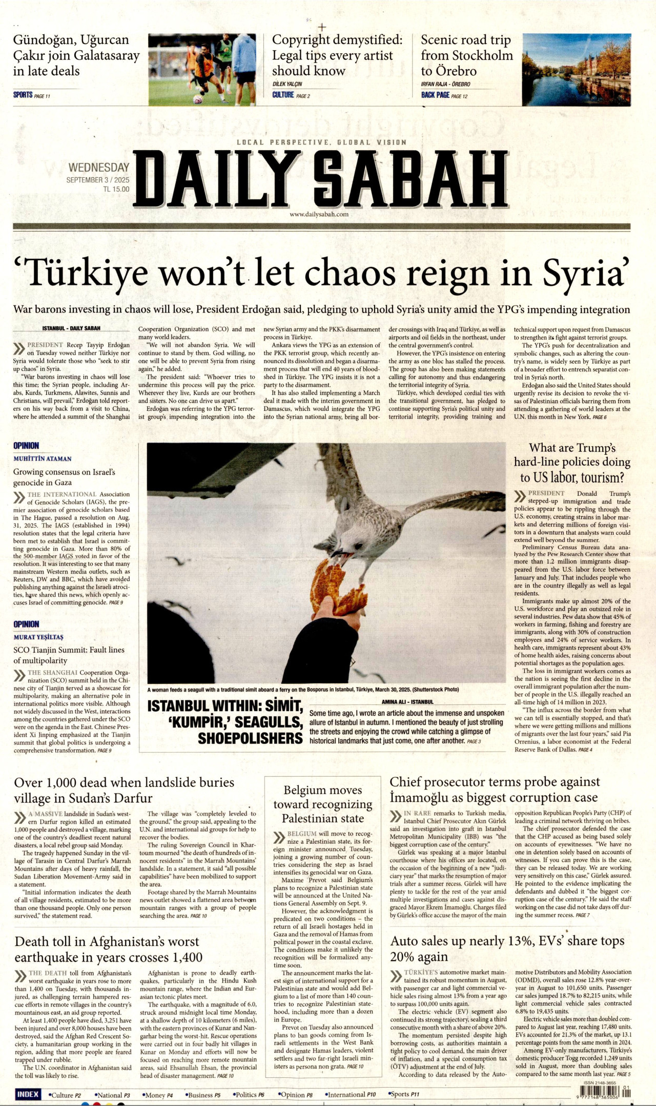 DAİLY SABAH gazetesinin 3 Eylül 2025 tarihli birinci sayfası