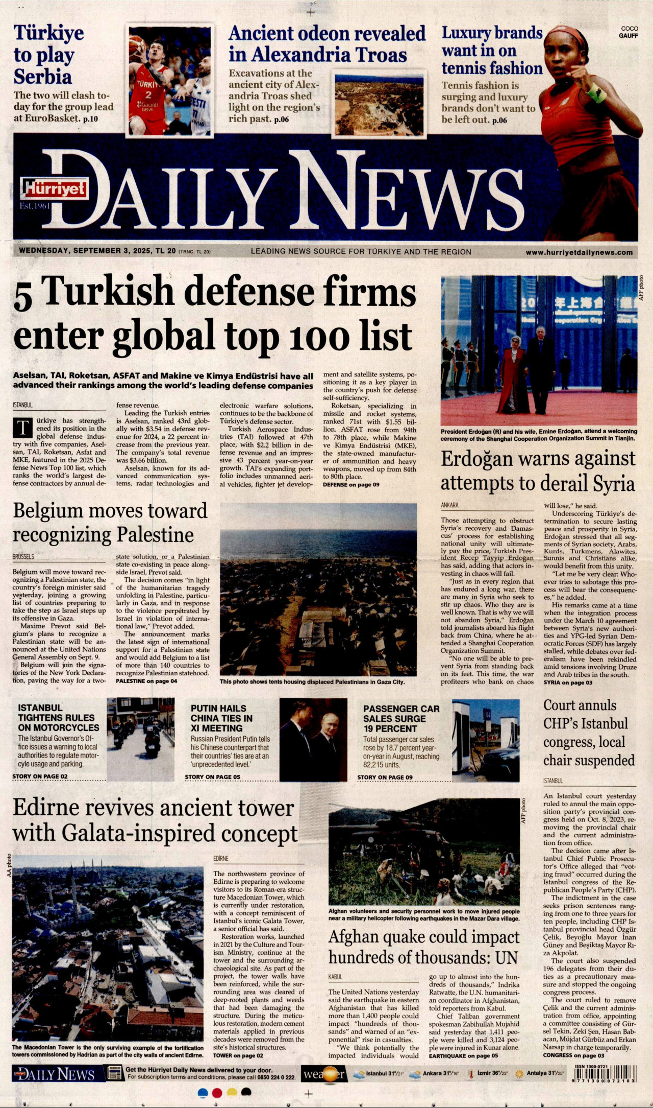 HÜRRİYET DAİLY NEWS gazetesinin 3 Eylül 2025 tarihli birinci sayfası