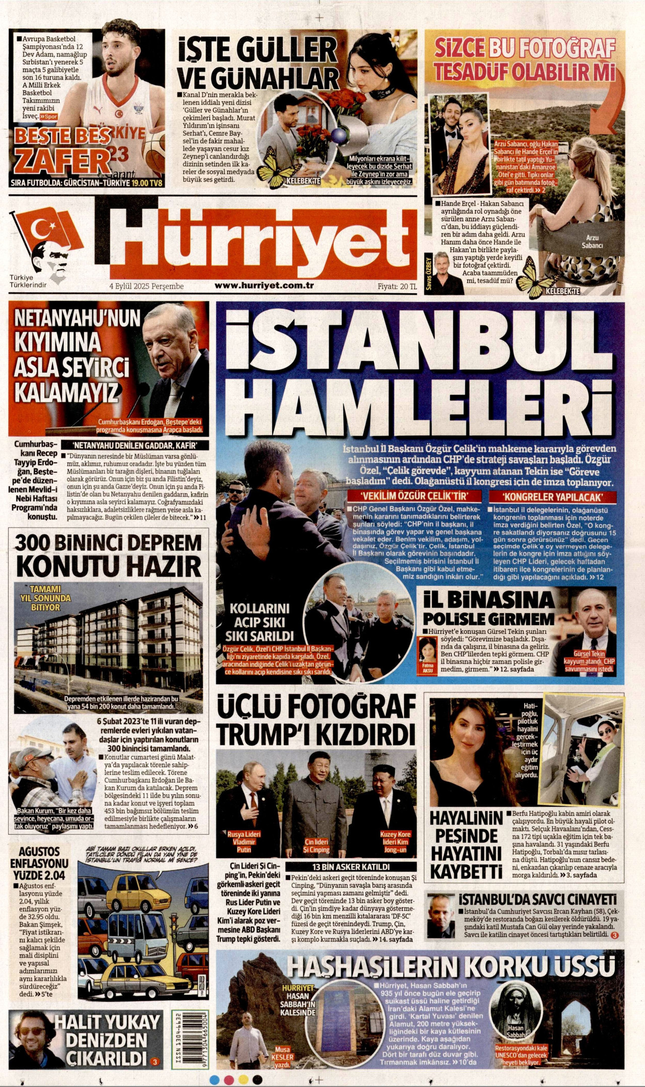 HÜRRİYET gazetesinin 4 Eylül 2025 tarihli birinci sayfası