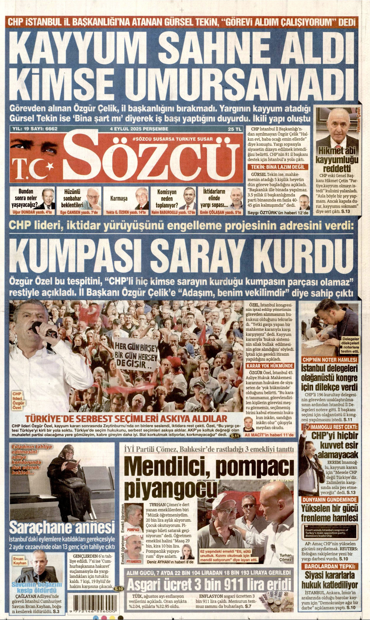 SÖZCÜ gazetesinin 4 Eylül 2025 tarihli birinci sayfası