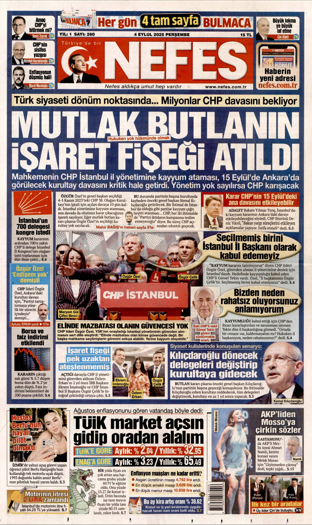 NEFES gazetesinin 4 Eylül 2025 tarihli birinci sayfası