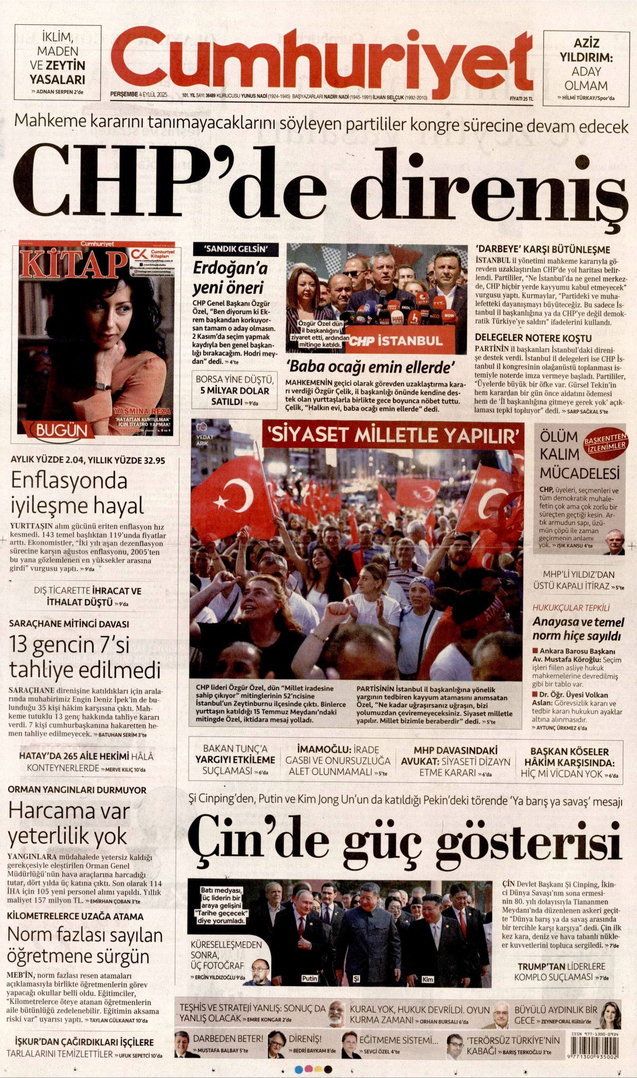 CUMHURİYET gazetesinin 4 Eylül 2025 tarihli birinci sayfası