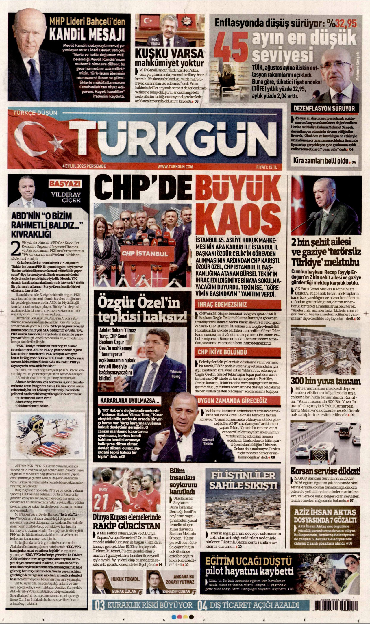 TÜRKGÜN gazetesinin 4 Eylül 2025 tarihli birinci sayfası
