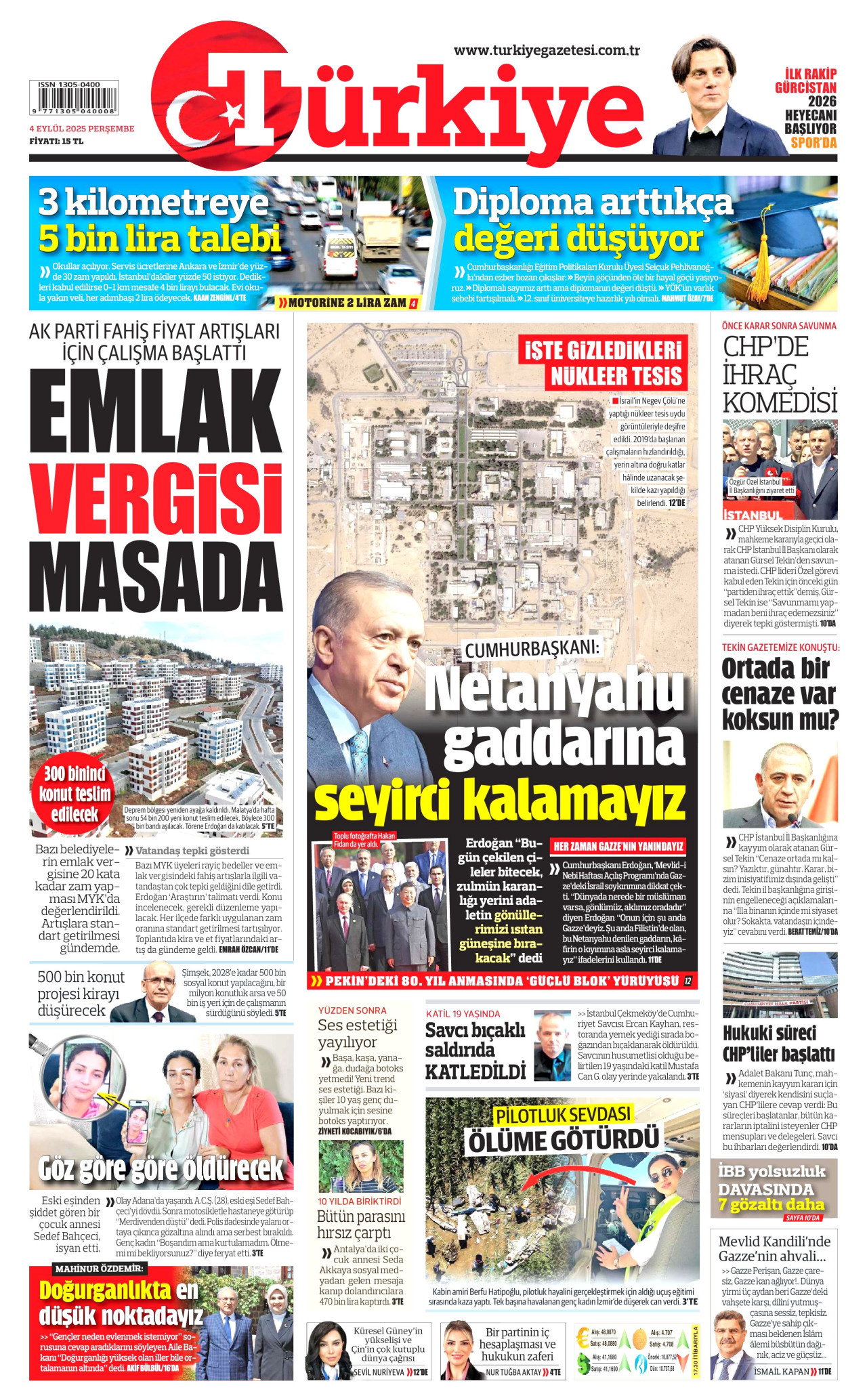 TÜRKİYE GAZETESİ gazetesinin 4 Eylül 2025 tarihli birinci sayfası