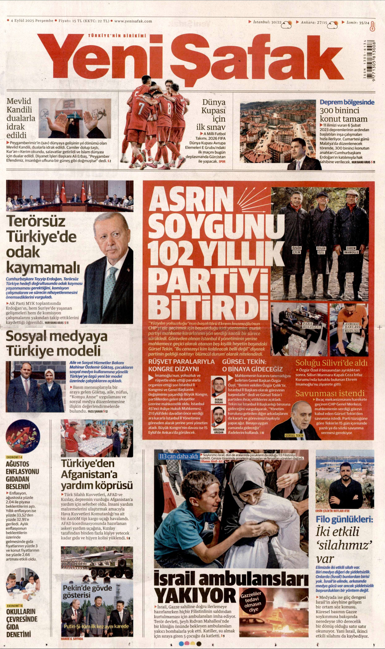 YENİ ŞAFAK gazetesinin 4 Eylül 2025 tarihli birinci sayfası