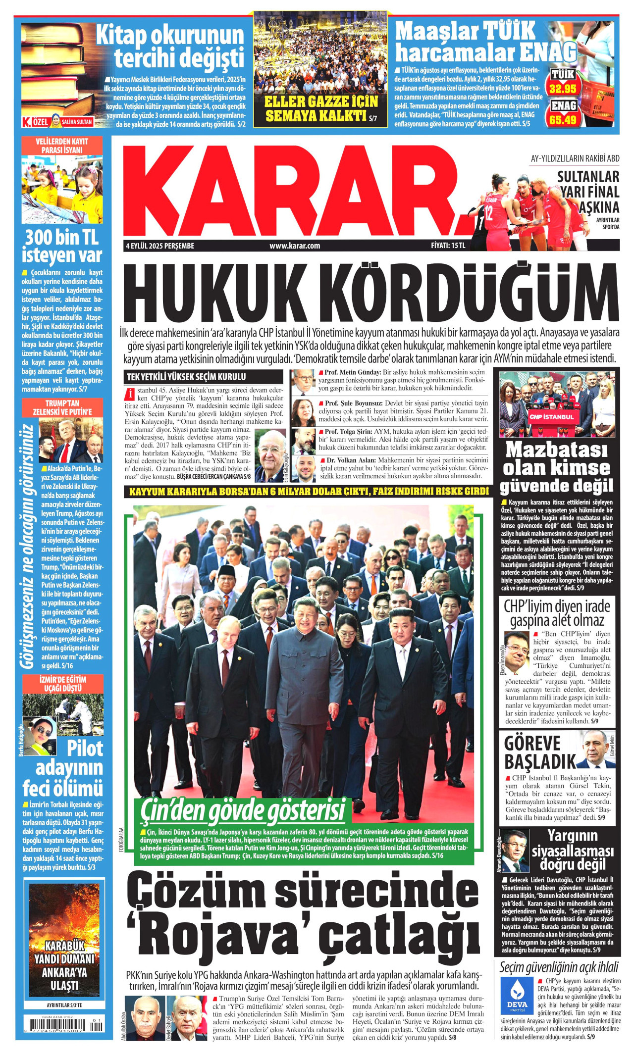 KARAR gazetesinin 4 Eylül 2025 tarihli birinci sayfası