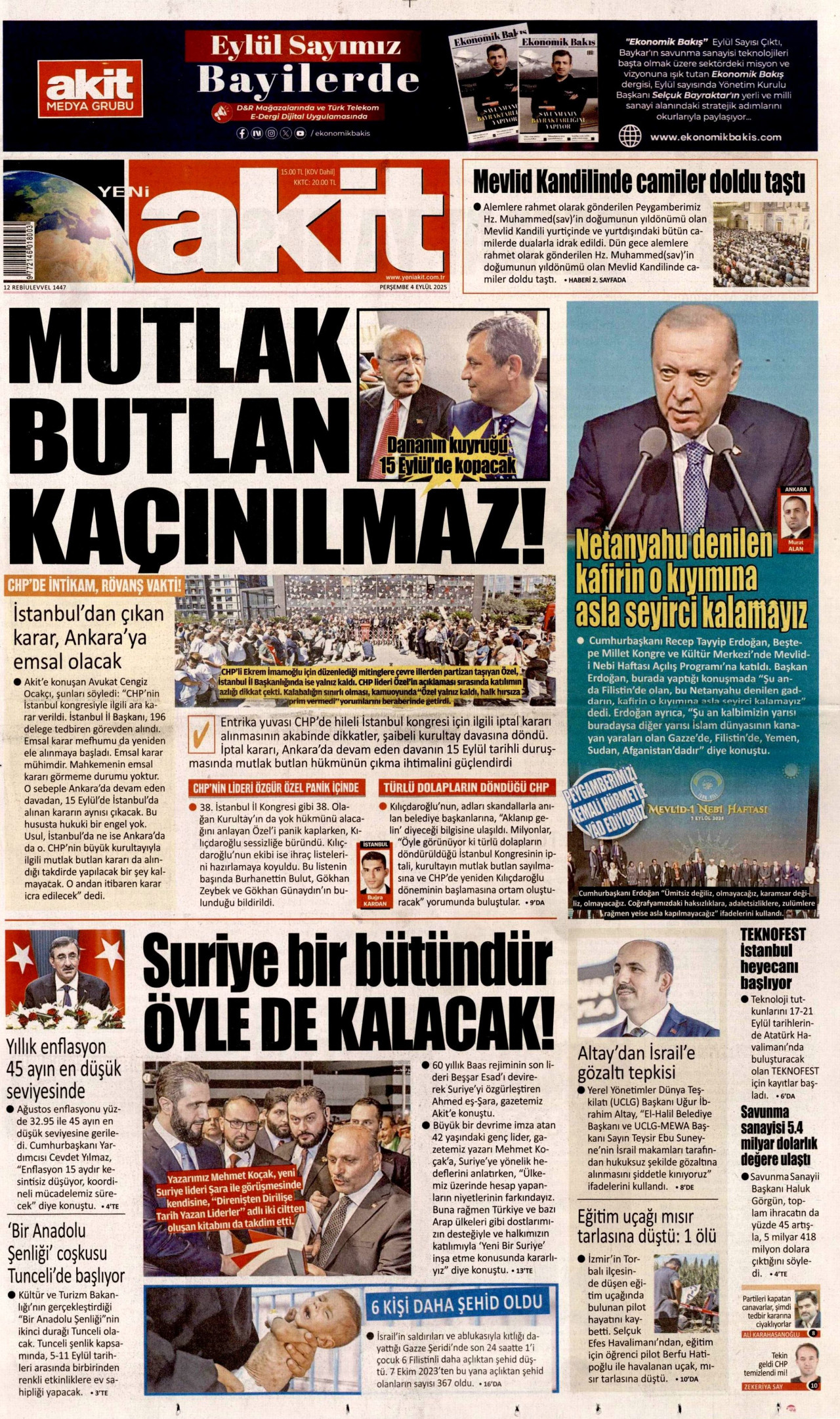 YENİ AKİT gazetesinin 4 Eylül 2025 tarihli birinci sayfası