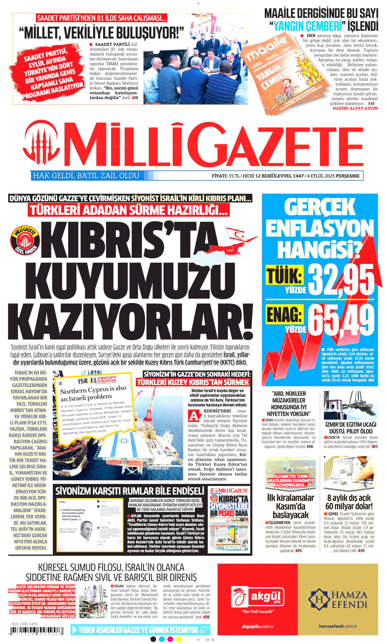 MİLLİ GAZETE gazetesinin 4 Eylül 2025 tarihli birinci sayfası