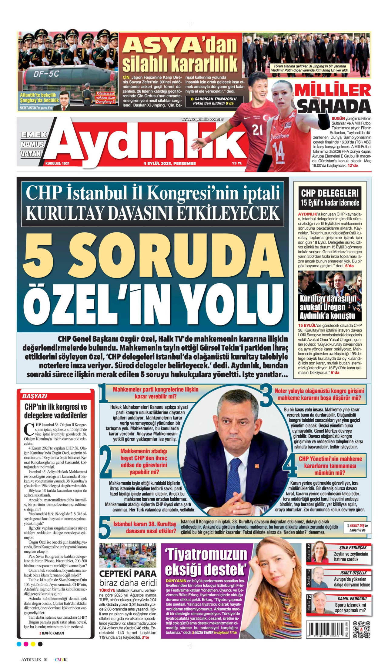 AYDINLIK GAZETESİ gazetesinin 4 Eylül 2025 tarihli birinci sayfası