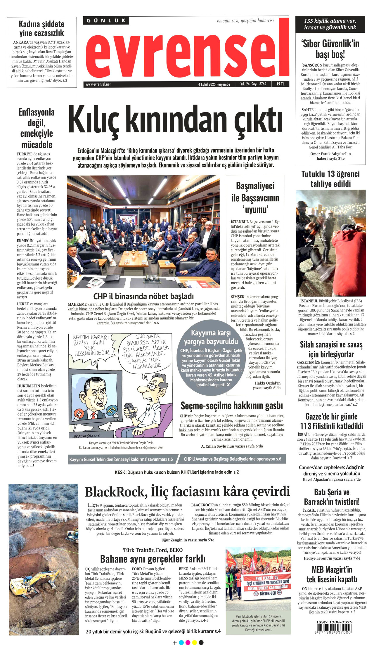 EVRENSEL gazetesinin 4 Eylül 2025 tarihli birinci sayfası