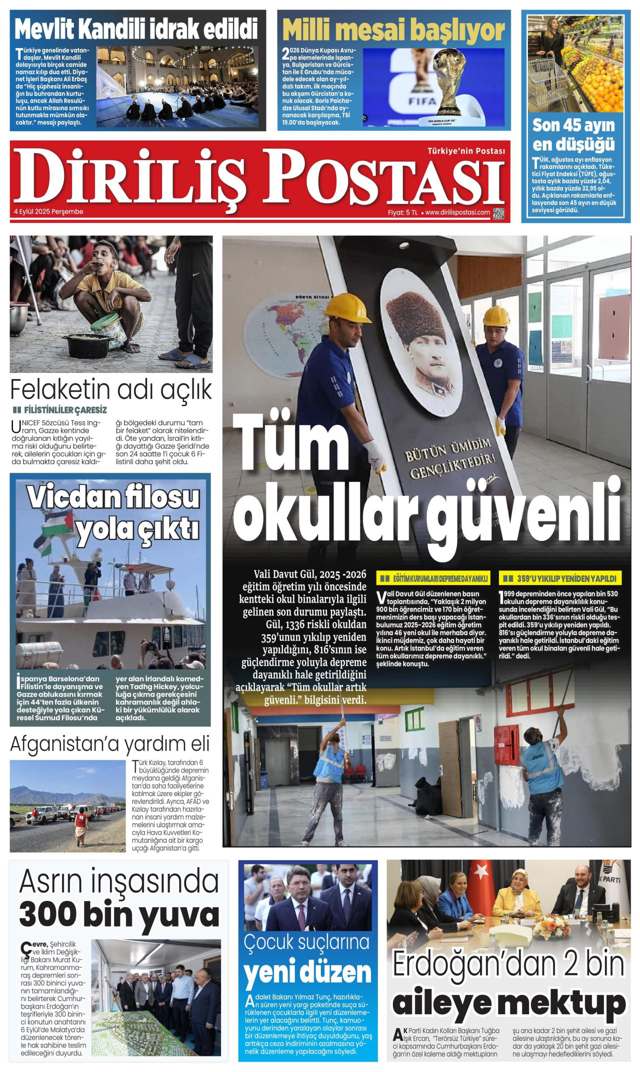 DİRİLİŞ POSTASI gazetesinin 4 Eylül 2025 tarihli birinci sayfası