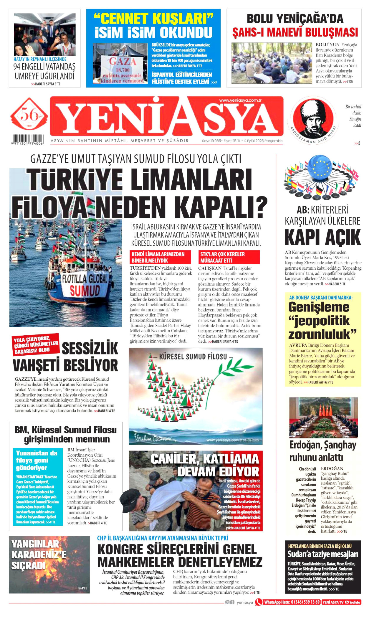 YENİ ASYA gazetesinin 4 Eylül 2025 tarihli birinci sayfası
