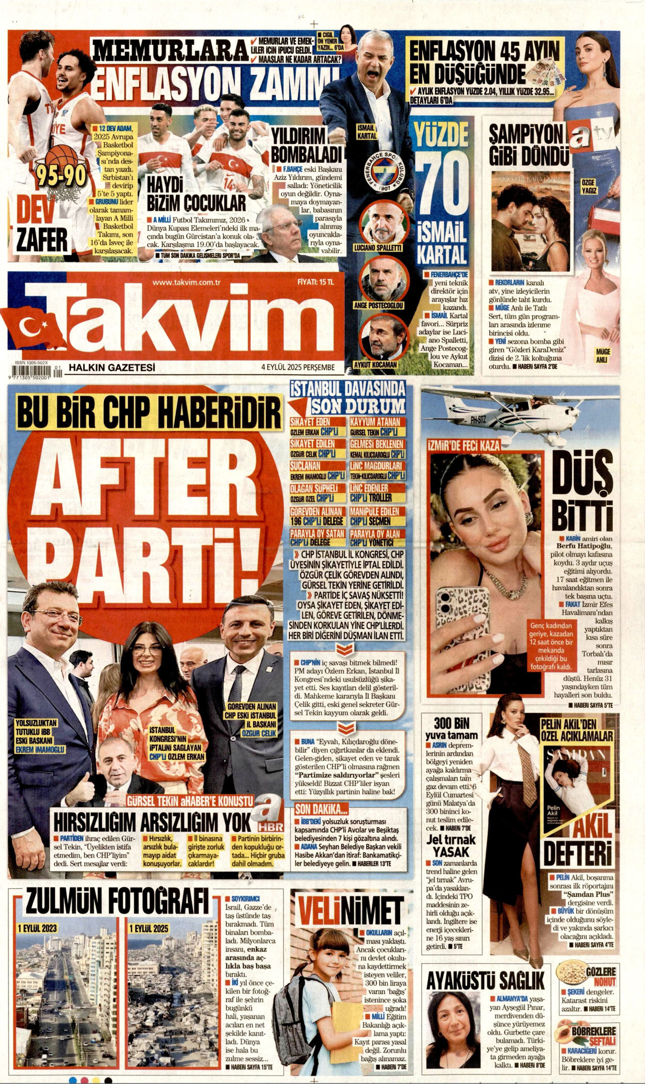 TAKVİM gazetesinin 4 Eylül 2025 tarihli birinci sayfası