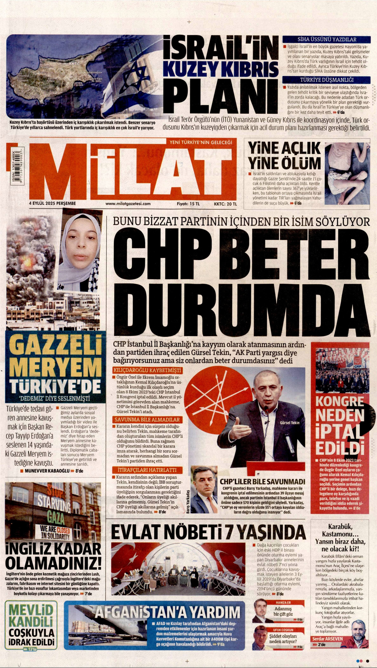 MİLAT gazetesinin 4 Eylül 2025 tarihli birinci sayfası