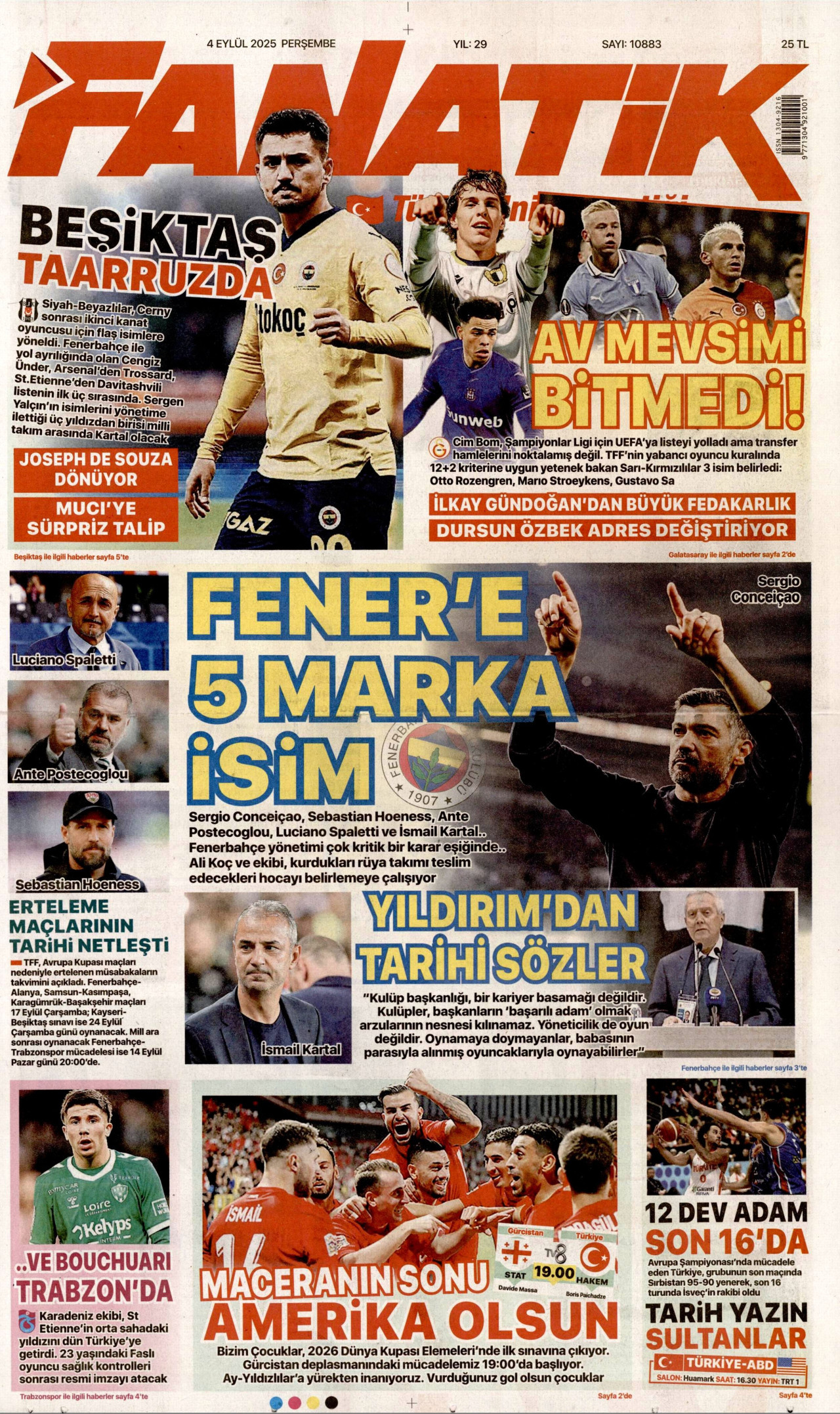 FANATİK gazetesinin 4 Eylül 2025 tarihli birinci sayfası