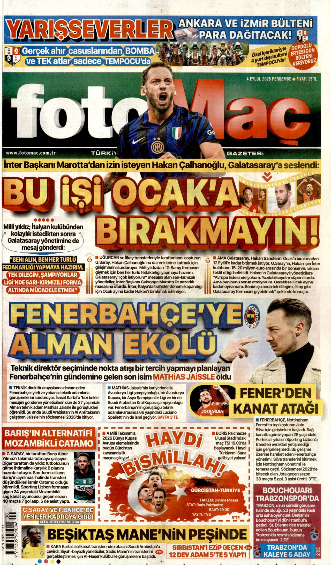 FOTOMAÇ gazetesinin 4 Eylül 2025 tarihli birinci sayfası