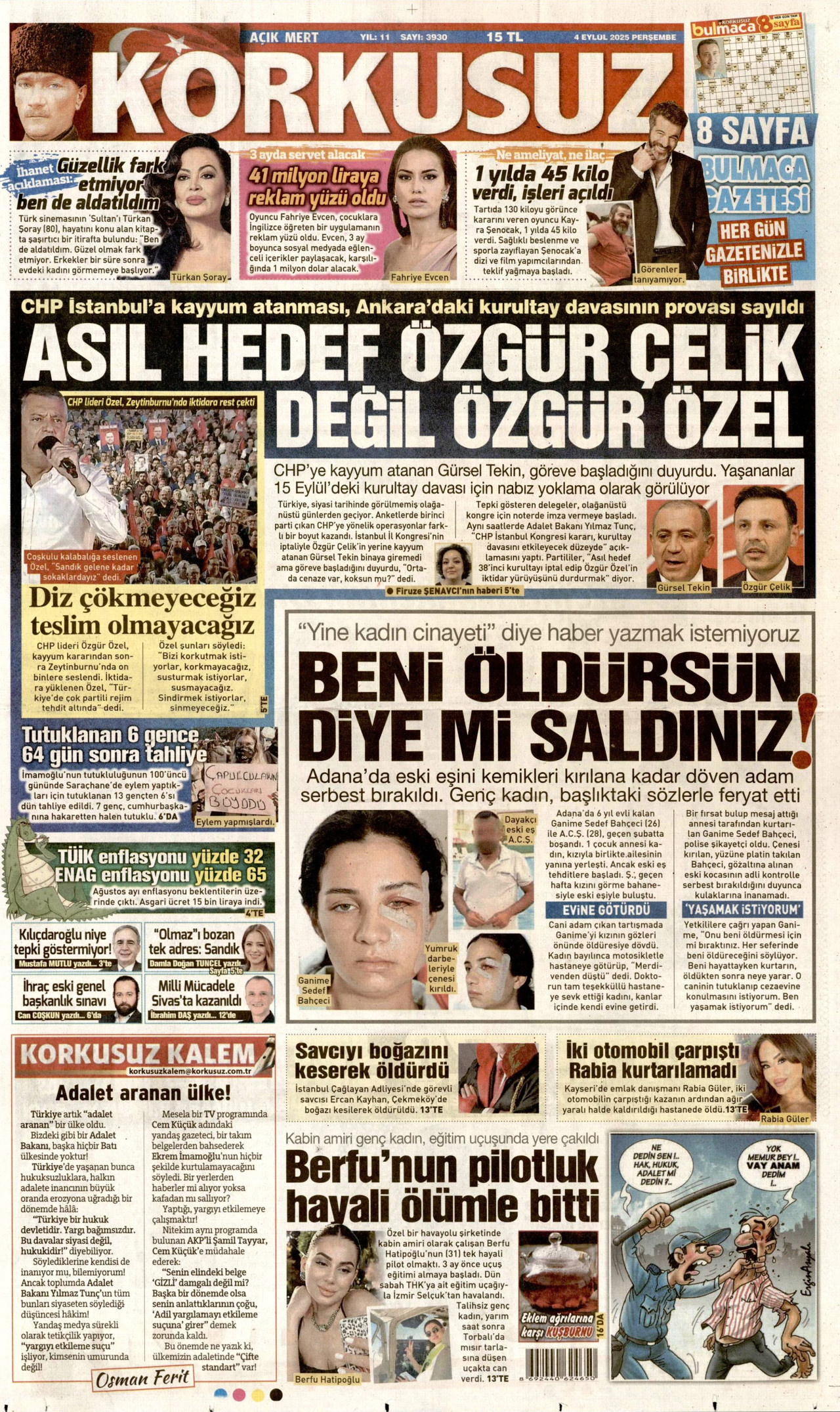 KORKUSUZ gazetesinin 4 Eylül 2025 tarihli birinci sayfası